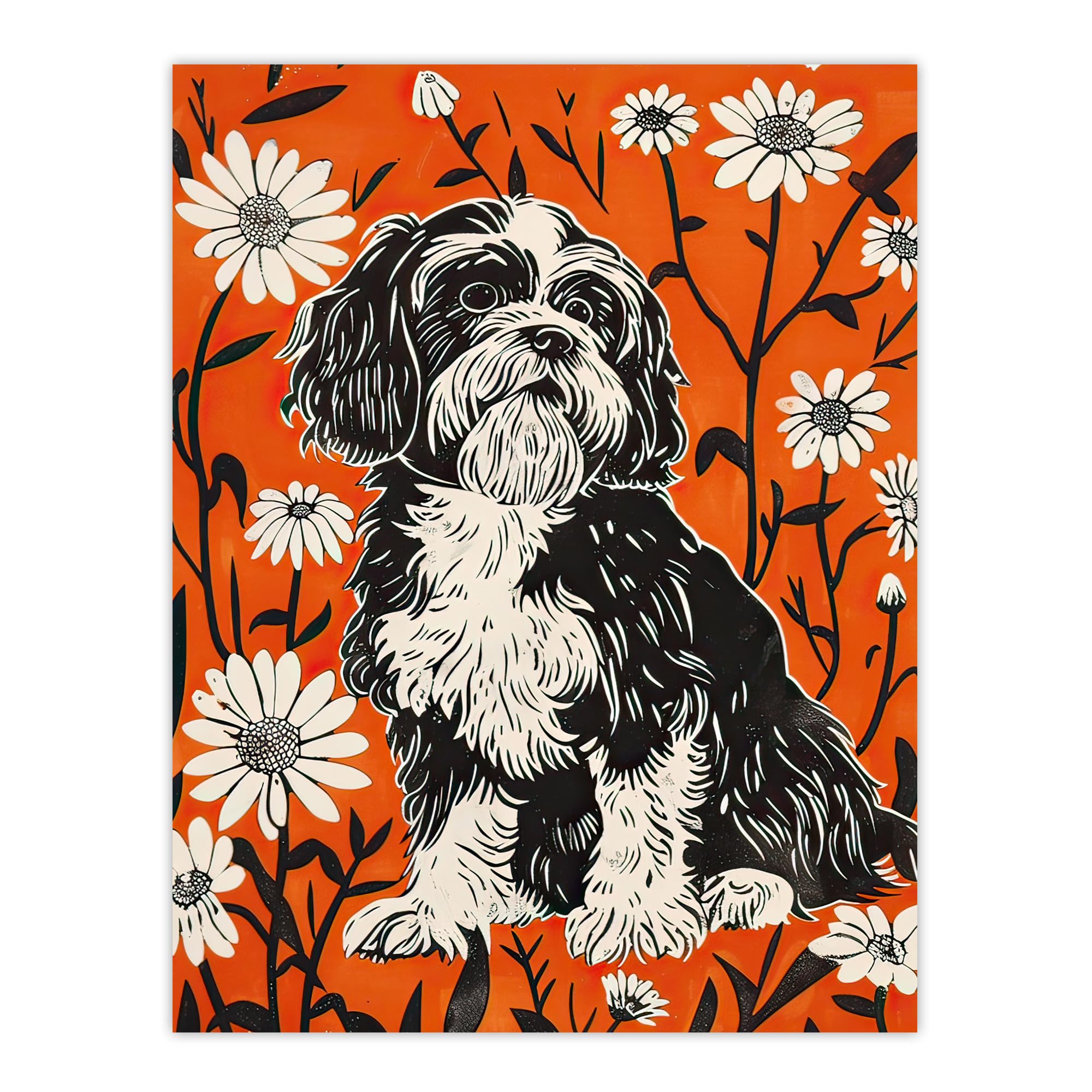 Shih Tzu with Daisies Red Floral Dog Lover Wall Art Print - W24 x H32 inch