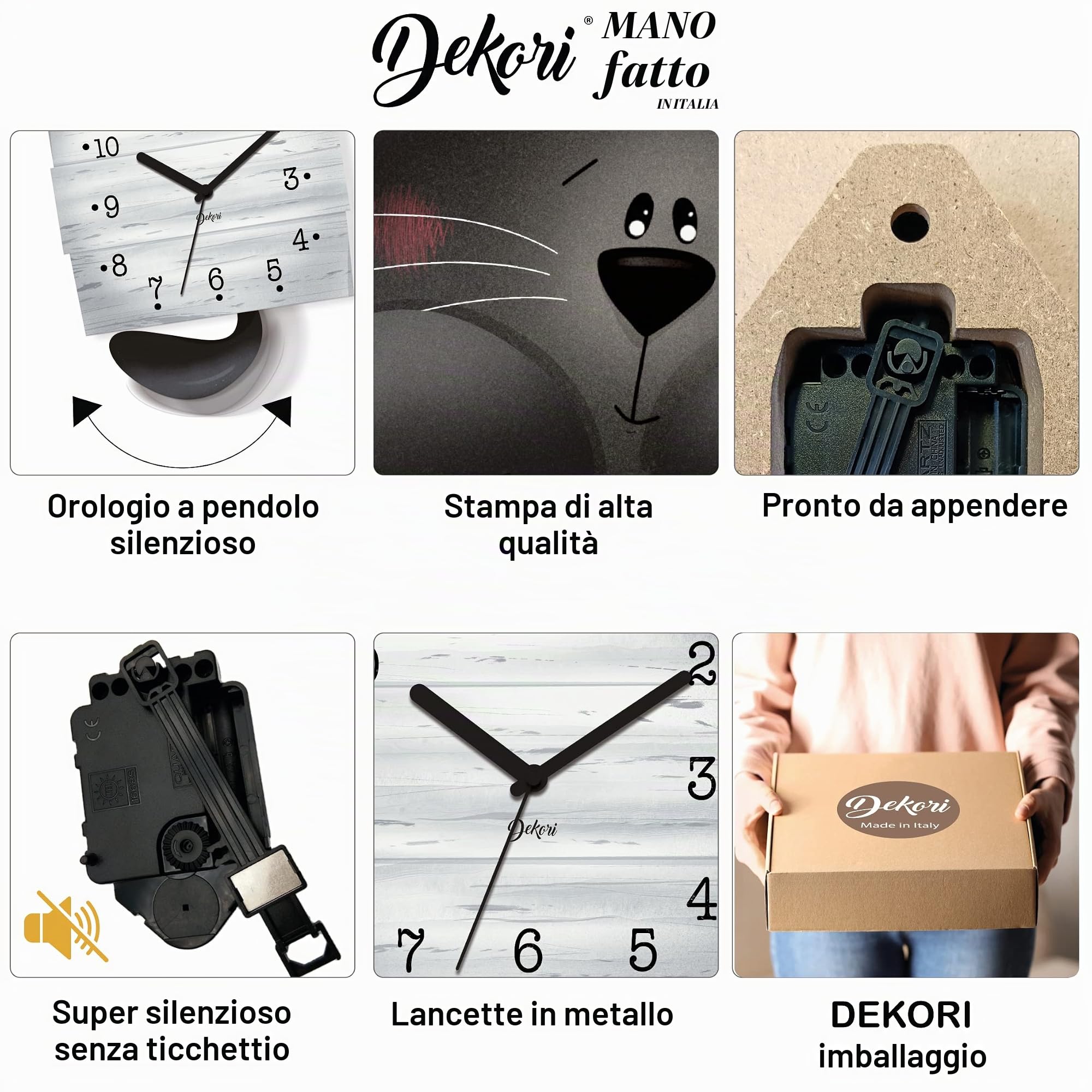 DEKORI Orologio da Parete con Pendolo – Design Gattino Nero, Silenzioso, Artigianale, in Legno per Cucina, Cameretta o Casa, 37x22 cm