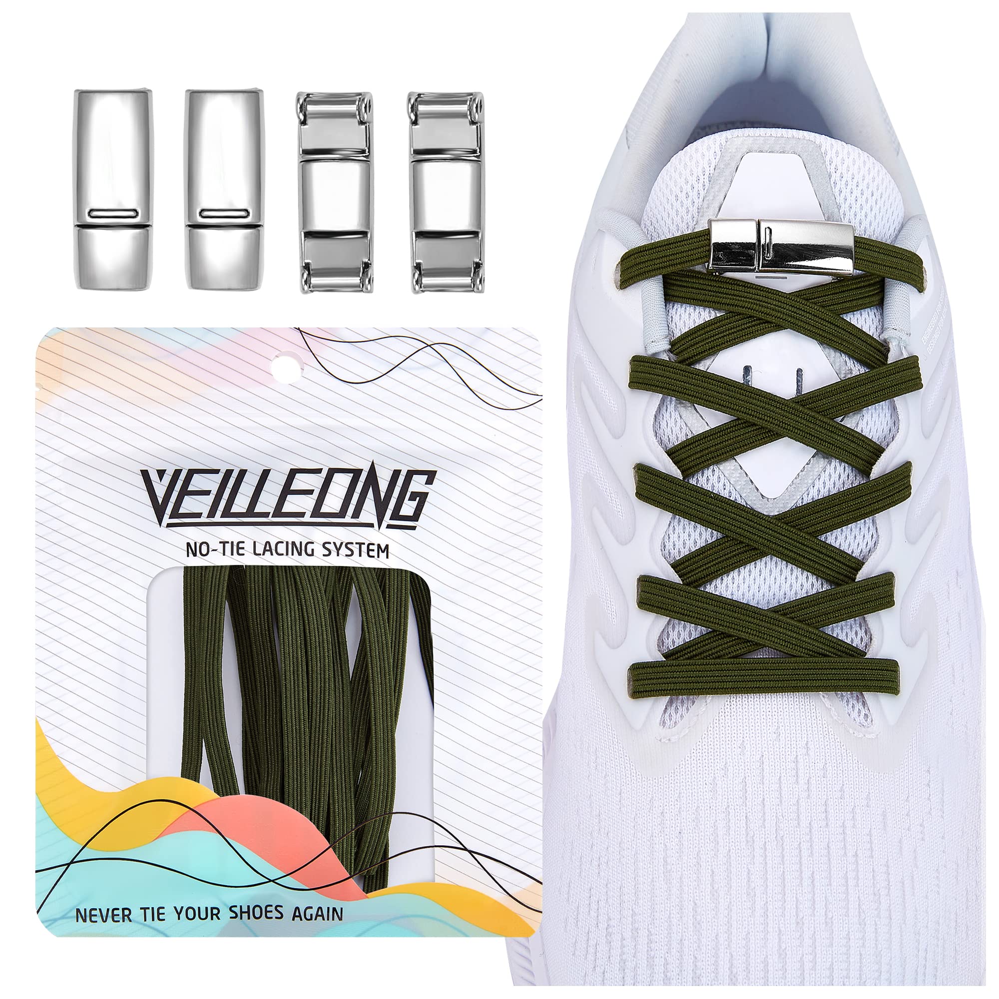 VEILLEONG No Tie Shoelaces System with Magnetic Elastic Laces，One Size Fits All Adult and Kids Shoes, 2 Pair Army Green, XL