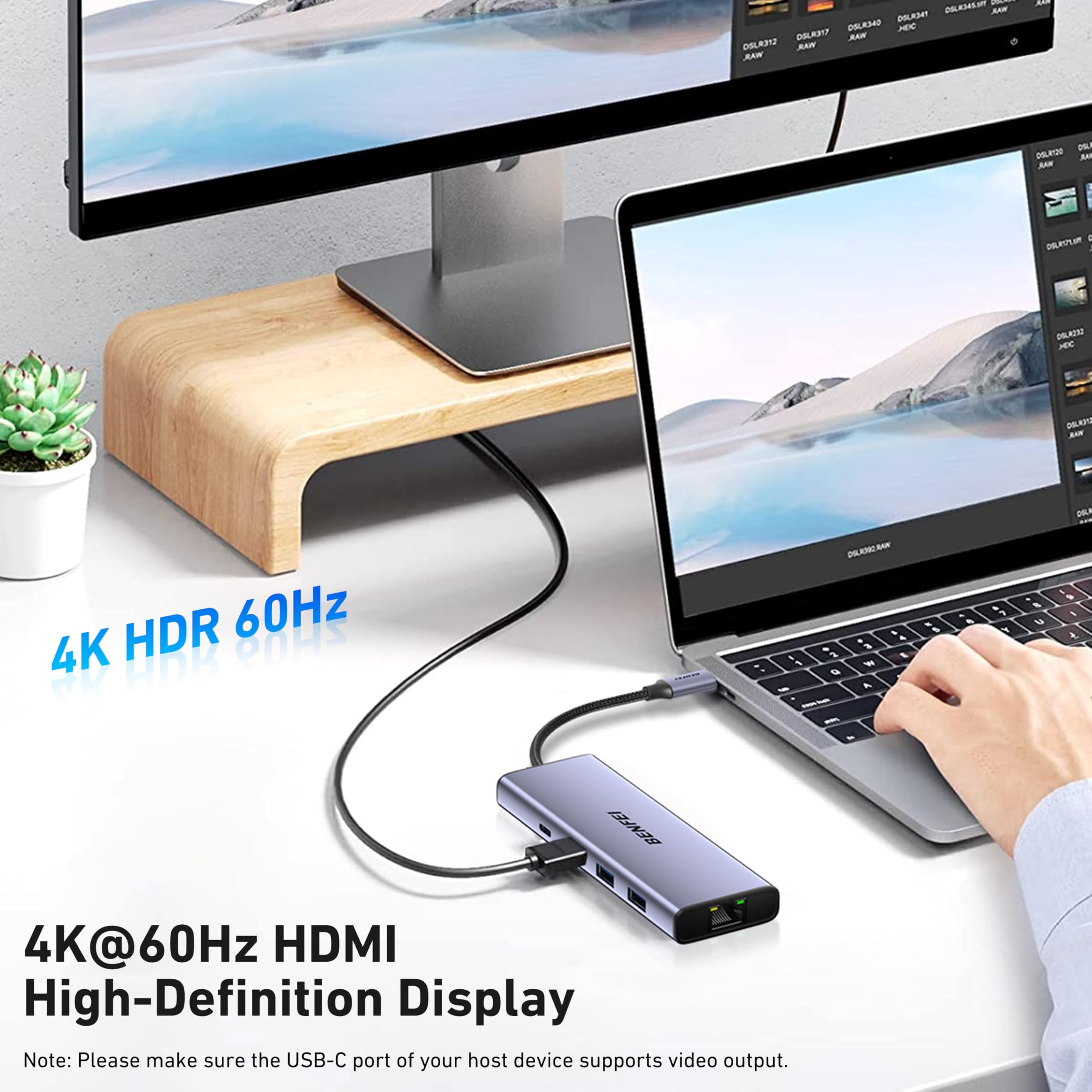 BENFEI Hub USB-C 10 w 1 ze stacją dokującą, HDMI 4K 60 Hz, Gigabit Ethernet, PD 100 W, transfer danych USB-C 5 Gb/s, 4 porty USB-A 3.0, czytnik kart SD/TF 170 MB/s
