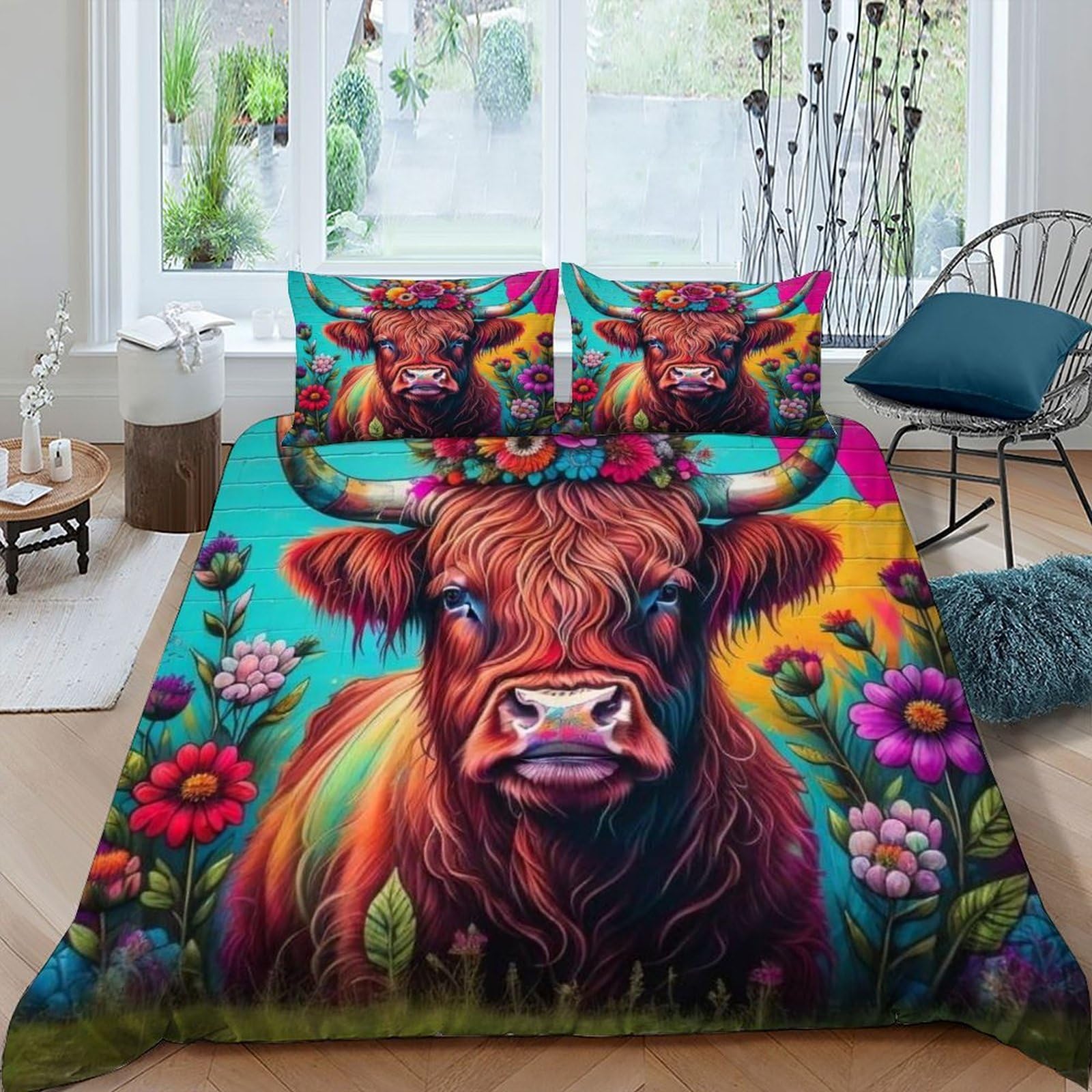 Housse de couette fleurs de vache 220x240cm anti-pli parure lit imprimée
