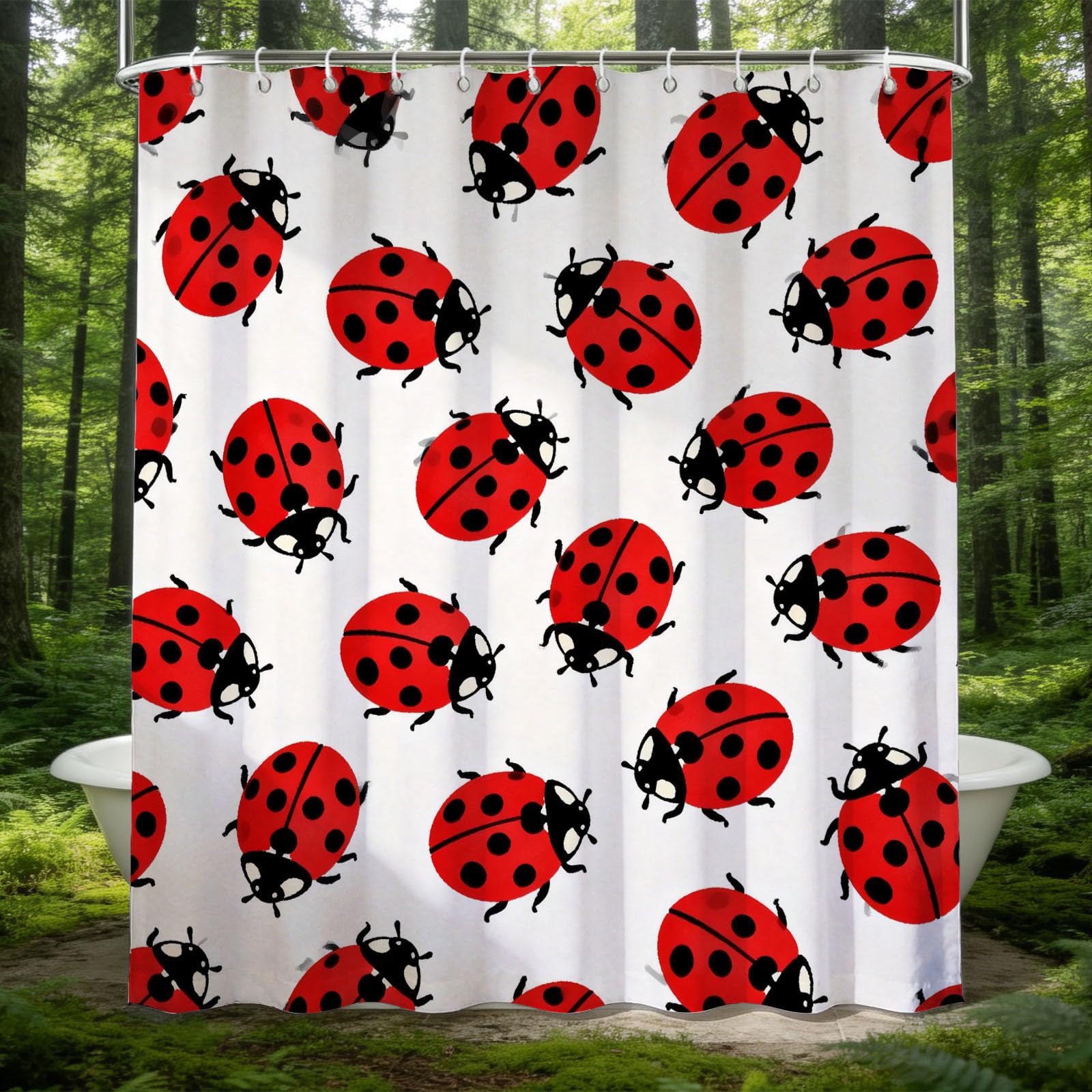Hongduo 3D Cartoon Ladybug Shower Curtain for Stalls Bathtubs Flying Insects Pattern Bathroom Decor Shower Curtain Set Polyester Fabric Waterproof 180x200cm/71X79 Inch with Hooks