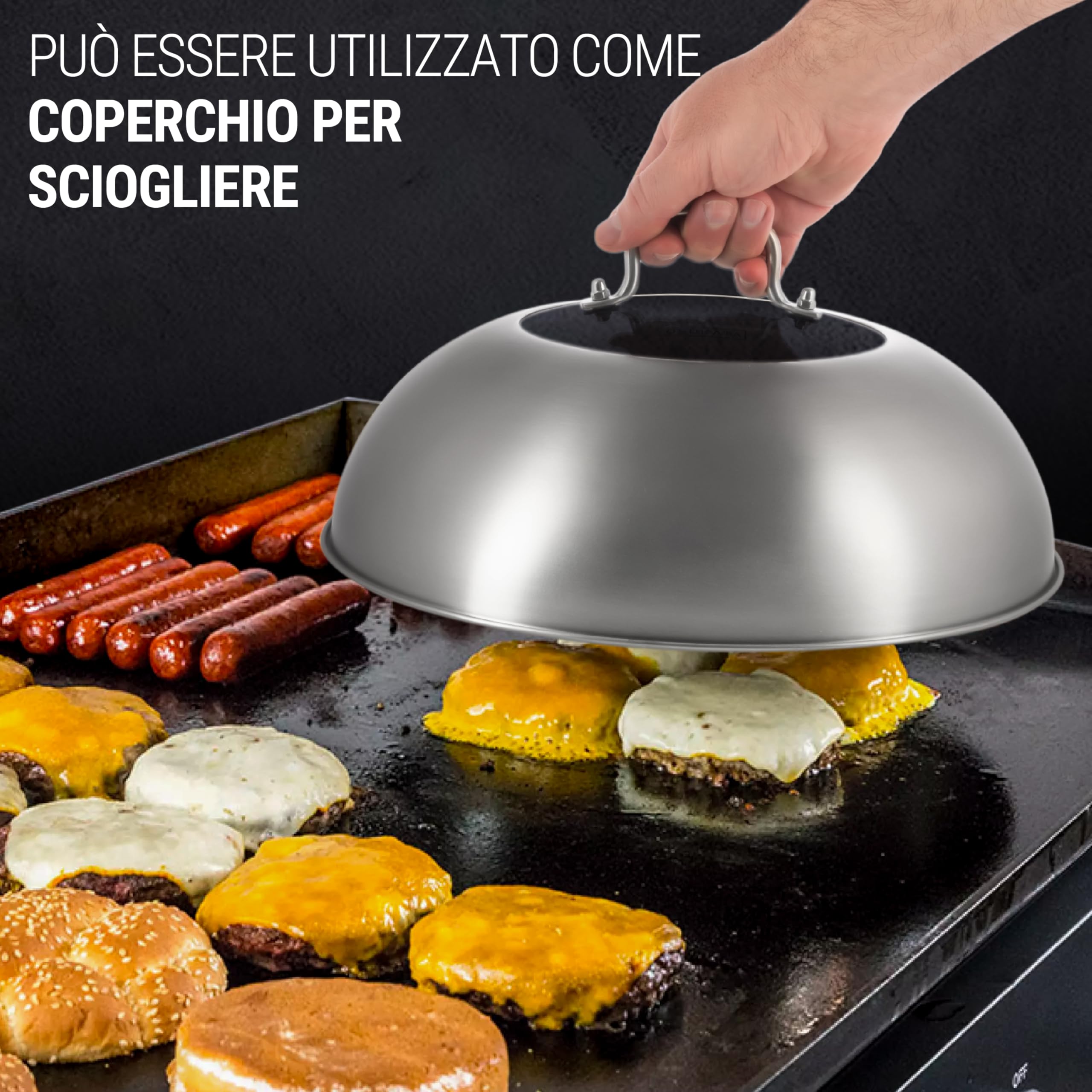 YOSUKATA Coperchio Wok 34,5 cm - Coperchio Universale Acciaio Inox con Vetro Temperato e Fori per Vapore per Wok 36 cm - Lavastoviglie - Dome per Fusione Formaggio e Griglia - Cloche per Hamburger