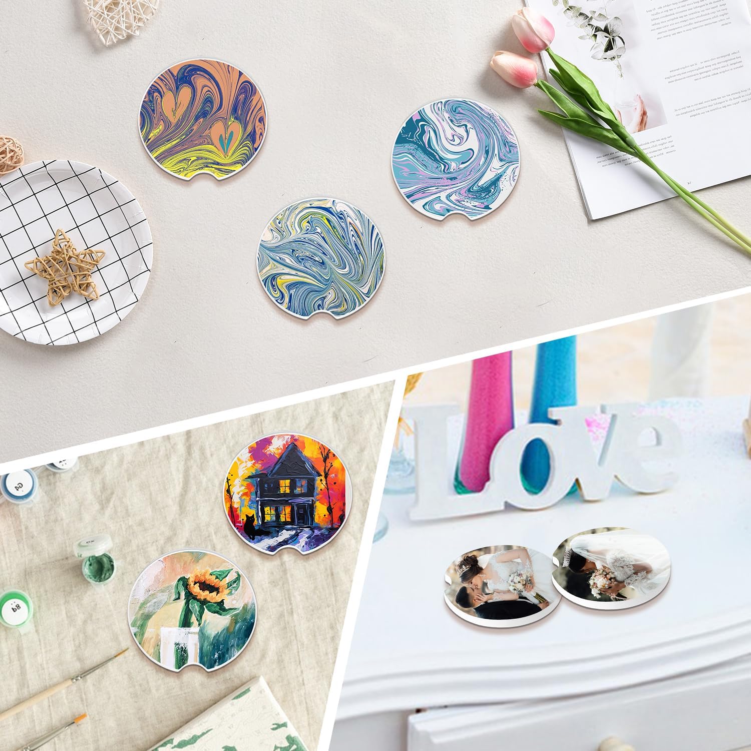 50 Pack 2.56 inch Ceramic Car Sublimation Coasters with Finger Notch, Car Ceramic Auto Cupholder with Cork Backing, Perfect for DIY and Sublimation Projects(Glazed)