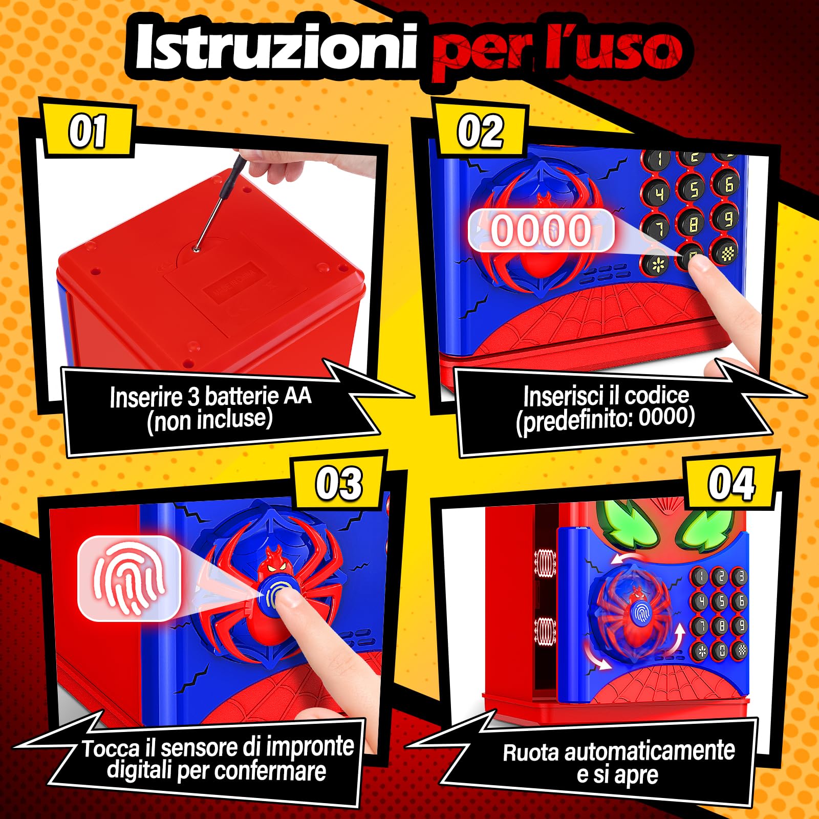 Salvadanaio Bambini - Salvadanaio Elettronico Cassaforte Spider con Impronta Digitale e Codice, Regalo Gioco Educativo Bambini 3 4 5 6 7 8 10 12 Anni