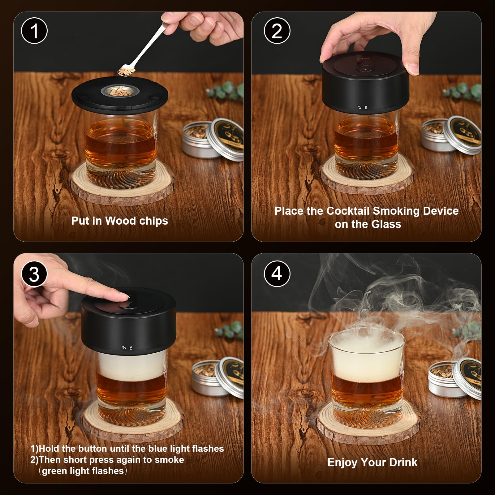 Drink Smoker Kit,Rechargeable USB-C with 6 Wood Chips, Built-in Battery & Adjustable Smoke for Whiskey, Home Bars, Mixologists, Restaurants (Black)