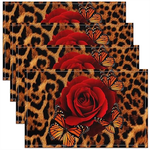 Miniatura 1 de Juego de 4 manteles individuales elegantes con estampado de leopardo 3D para mesa de comedor, manteles individuales de flores de rosas rojas de 12 x