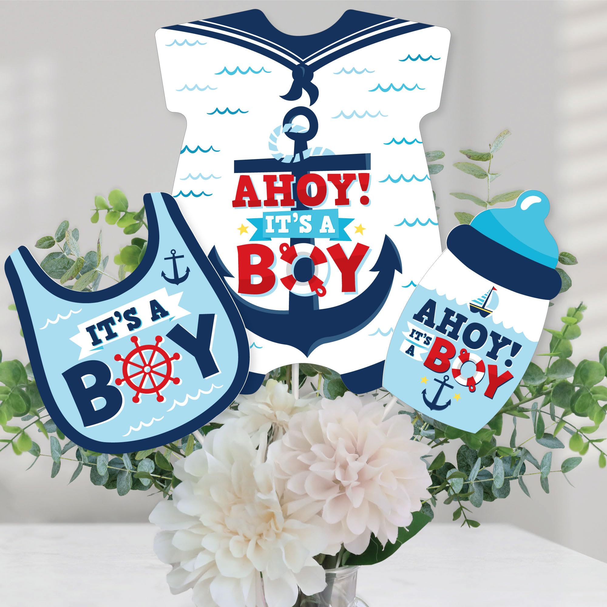 Big Dot of Happiness Ahoy It’s a Boy - Nautical Baby Shower Centerpiece Sticks - Table Toppers - Set of 15