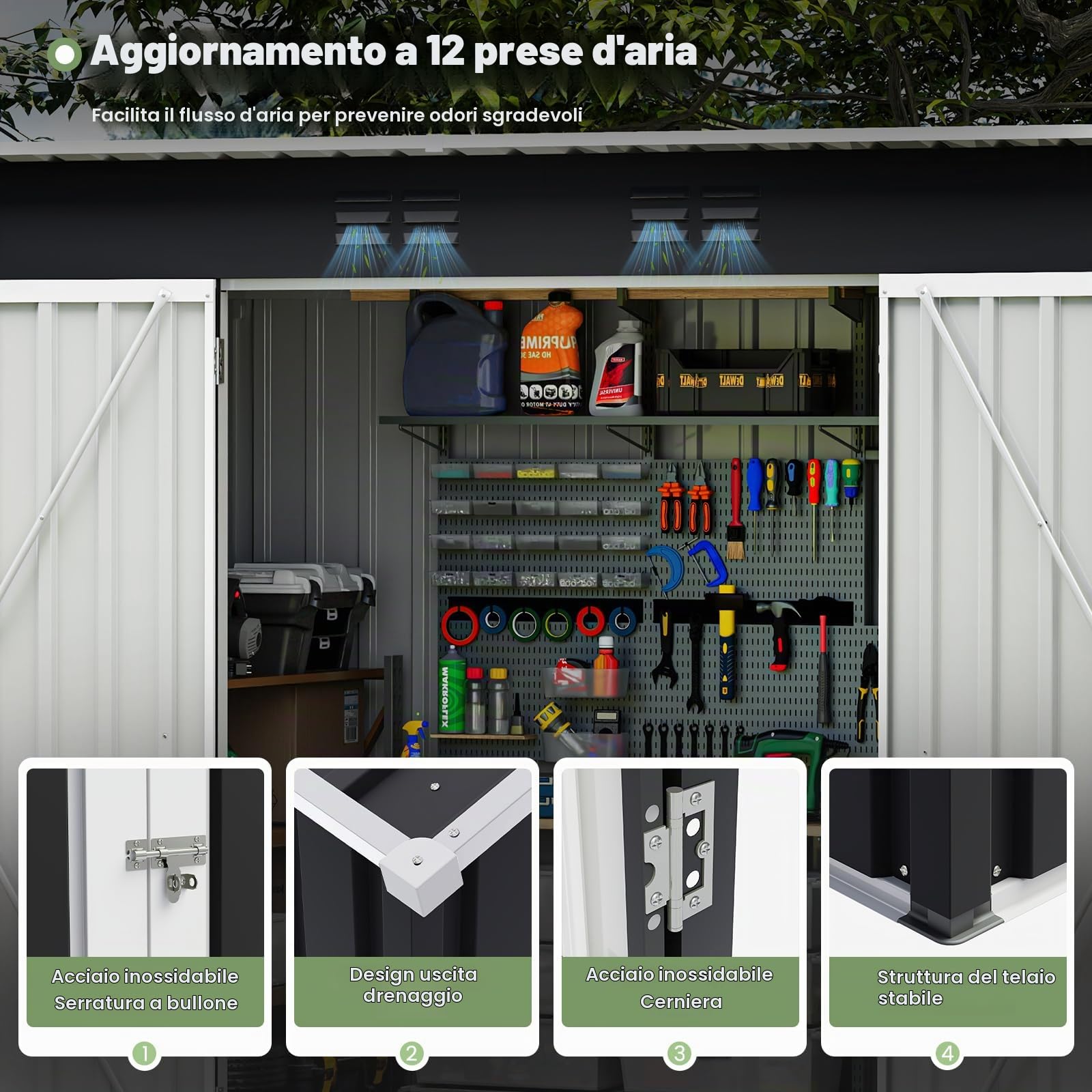 UDPATIO Casetta da Giardino in Metallo, 228x109x181 cm, Armadio da Giardino con Porta e Serratura, Armadio da Esterno Impermeabile per Prato, Attrezzi, Giardino e Balcone