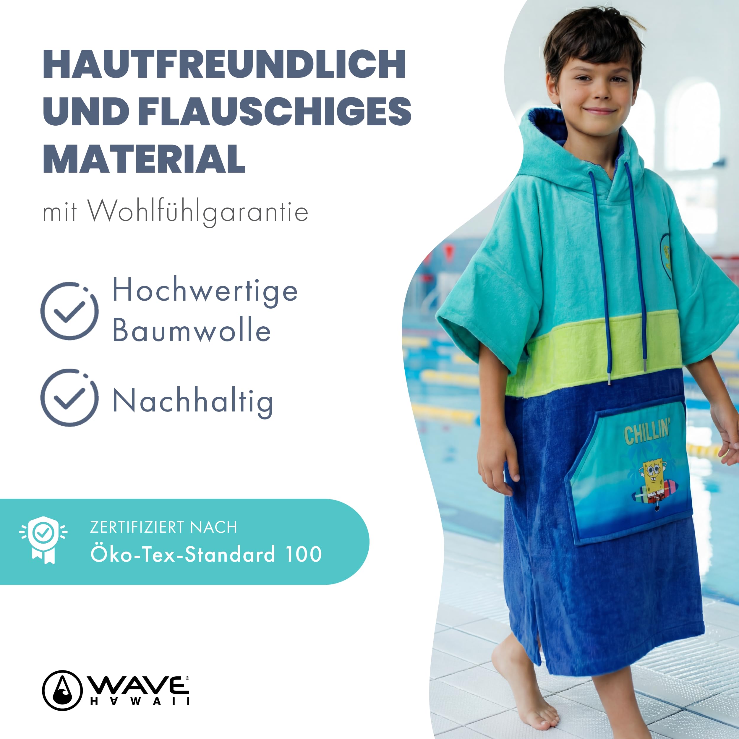 WAVE HAWAII Poncho kąpielowe damskie i męskie, rozmiar S, 151–173 cm | Poncho surfingowe dla dorosłych z bawełny 95–100%, chłonny ręcznik frotte, poncho do przebierania