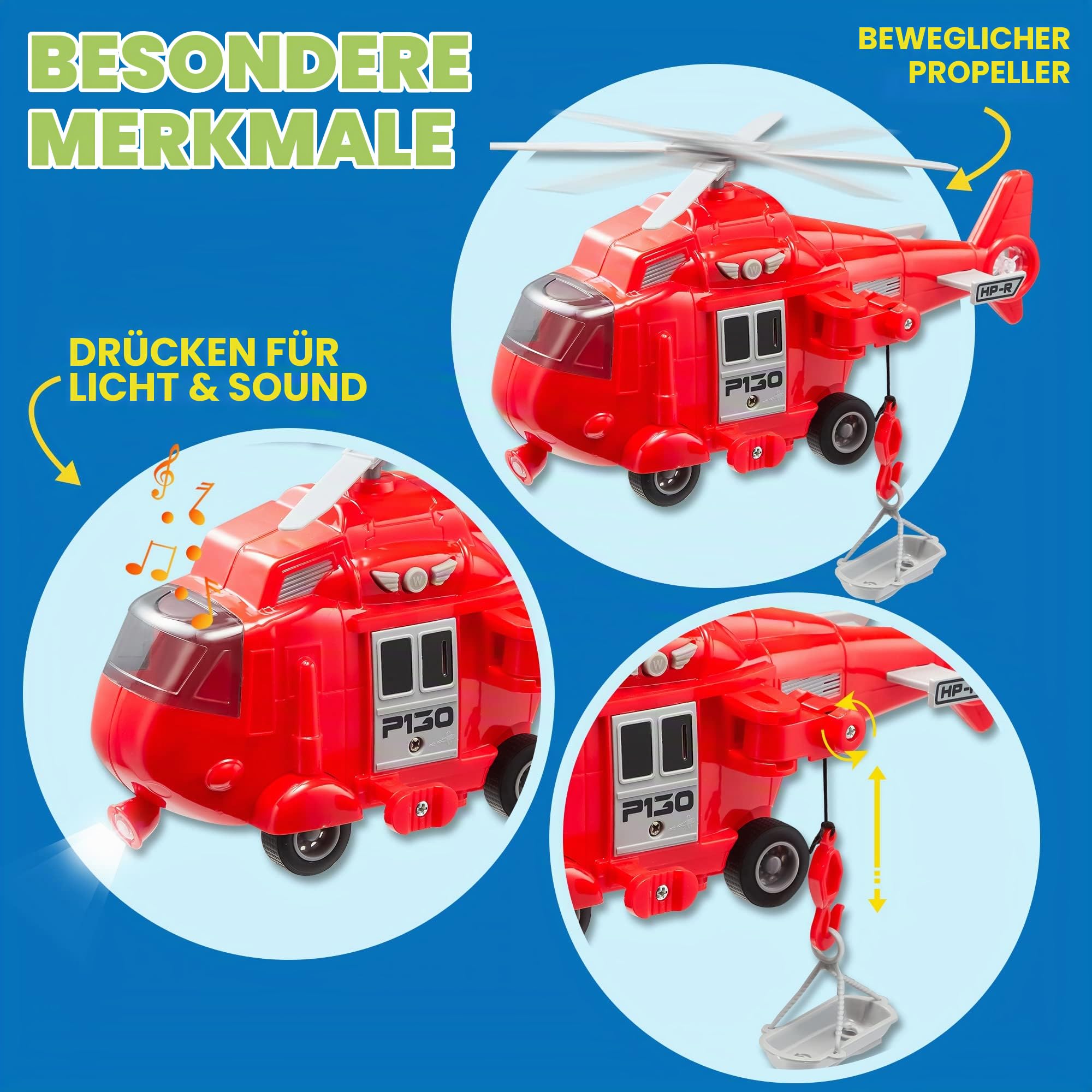 JOYIN 3 in 1 Reibungsgetriebenes Feuerwehr Spielzeug, Rettung Fahrzeug LKW Auto Set mit Hubschrauber, Krankenwagen und Feuerwehrauto mit Licht und Ton, Geschenk für Kinder Jungen