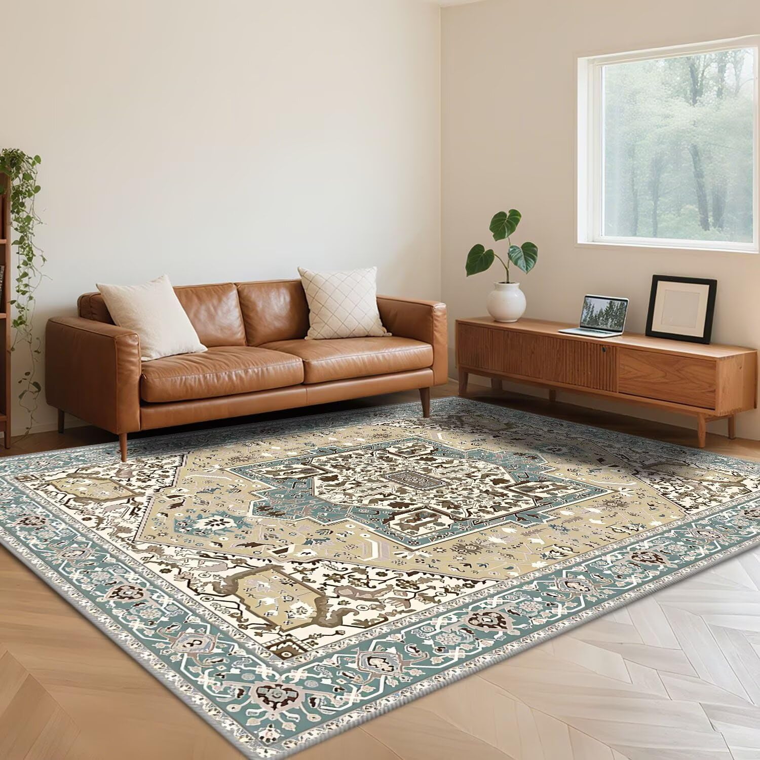 Tapis de sol à poils courts bleu rétro grand tapis lavable antidérapant salon chambre