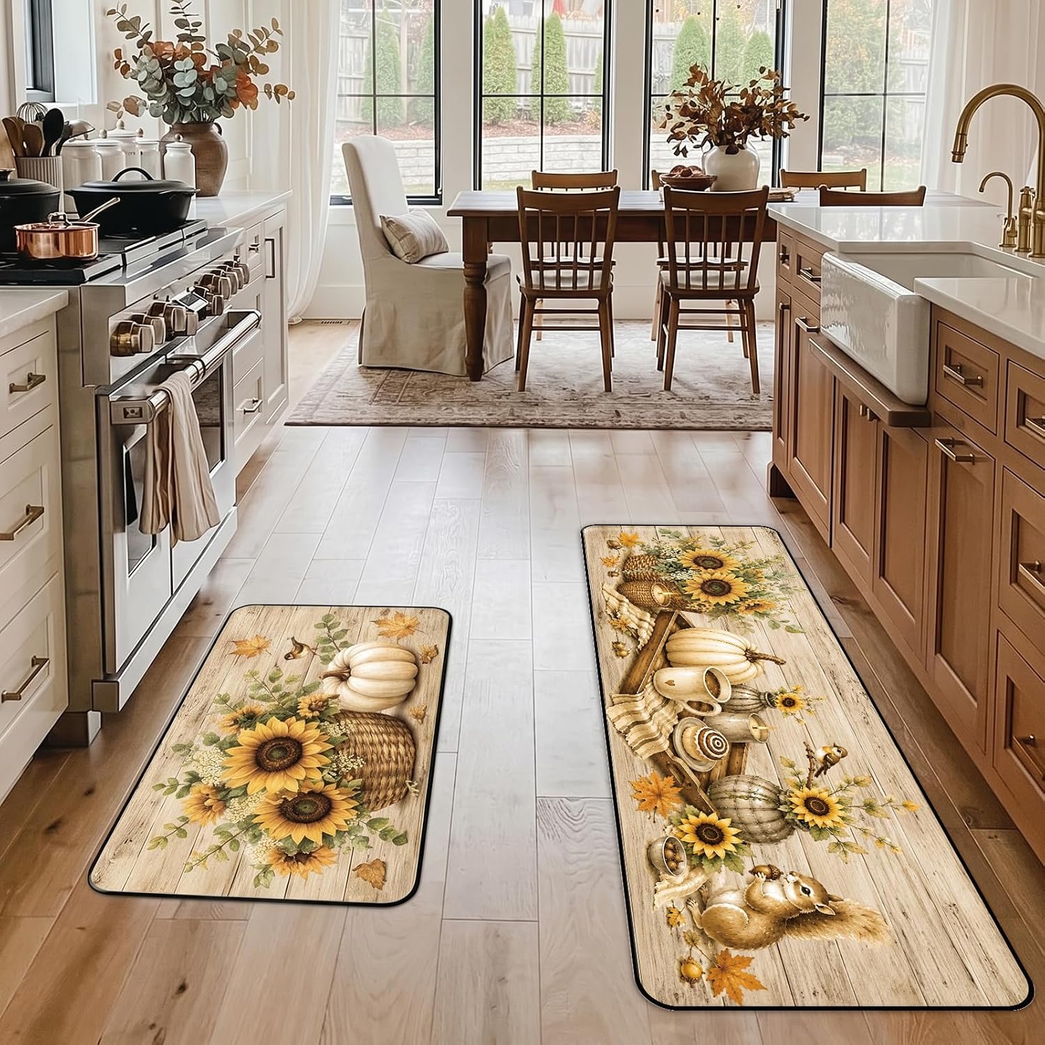 Fall Kitchen Mats Set of 2, Autumn Pumpkin Sunflower Kitchen Rug