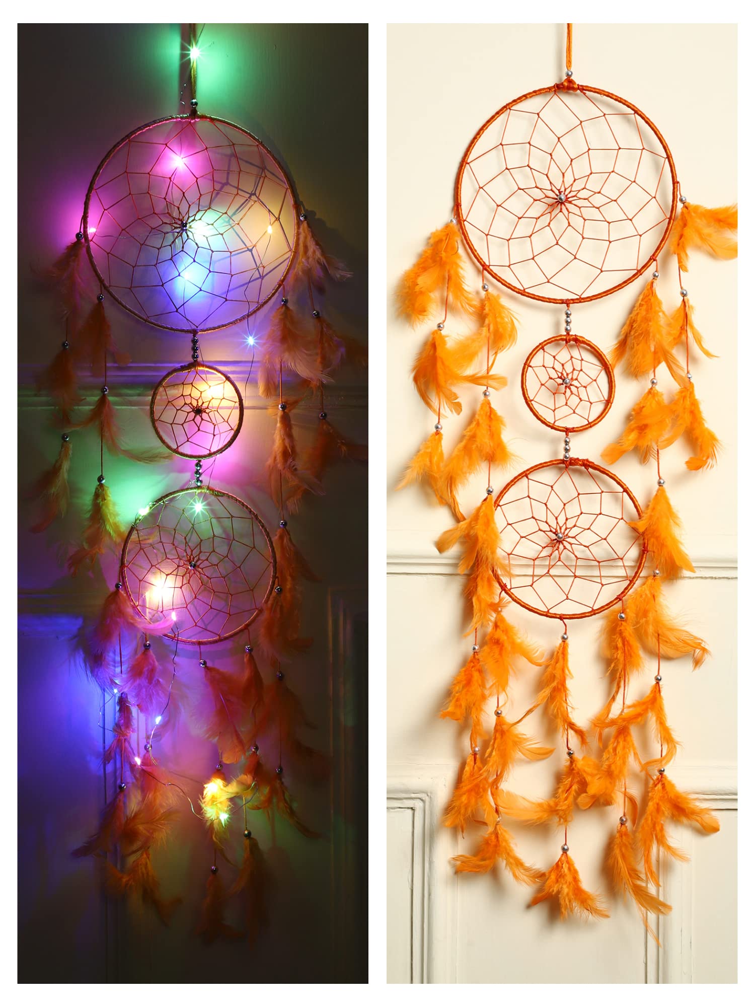 Good Aura Store Dream Catchers with Light Home Decor, Feather Wall Hangings for Kids Room, Bedroom, Livingroom, Balcony, Cafe Decorations, Gift Items (Pack of 1, 18L X 94Hcm, Orange)-image-45