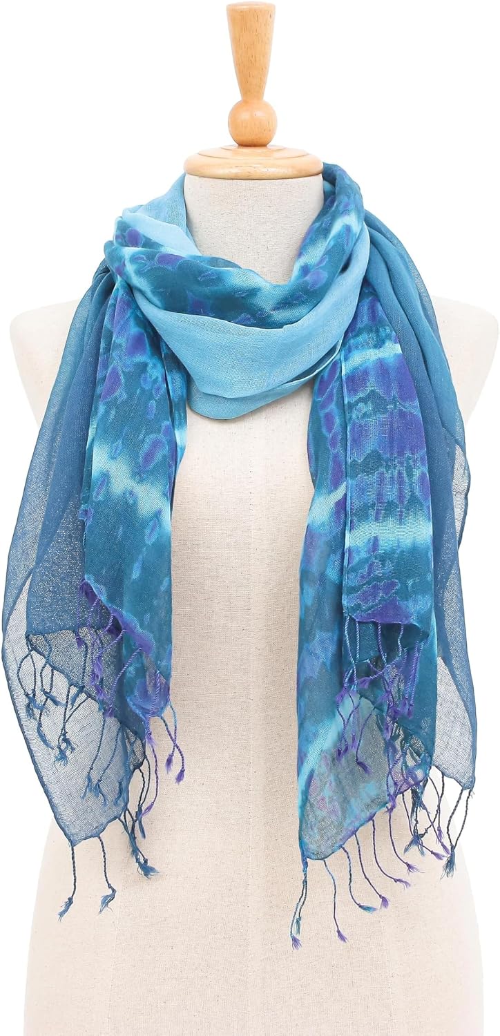 NOVICA Artisan Handmade Cotton Scarves of in Shades Blue Accessories Wrap Tie Dye Thailand Woven 'Sea of Love'(Pair)