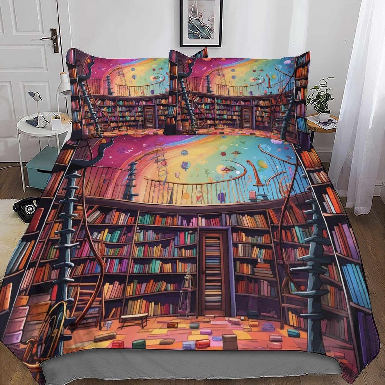 Housse de couette imprimée étagère à livres en microfibre premium King