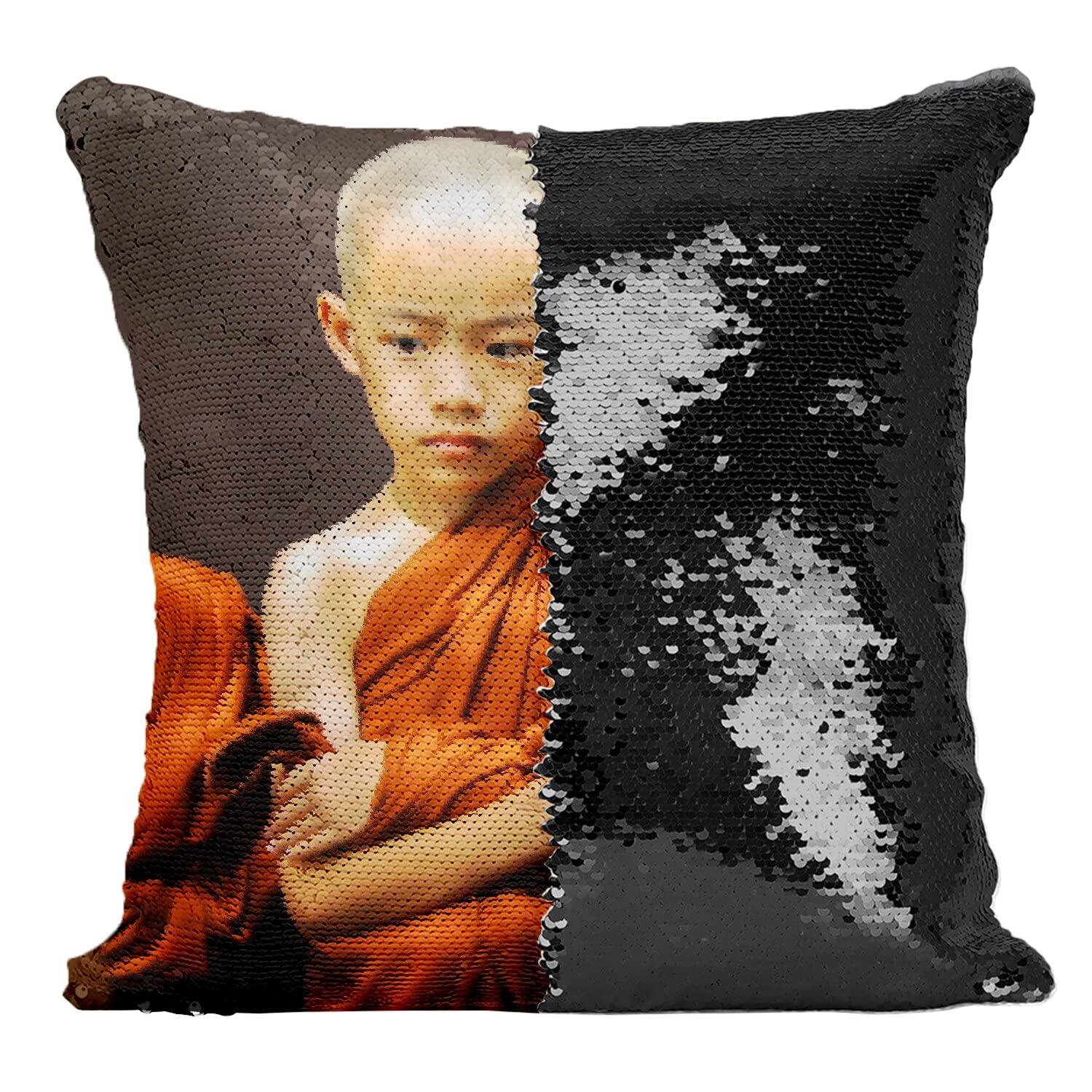 Coussin sequin noir moine bouddhiste un cadeau original plein de sérénité