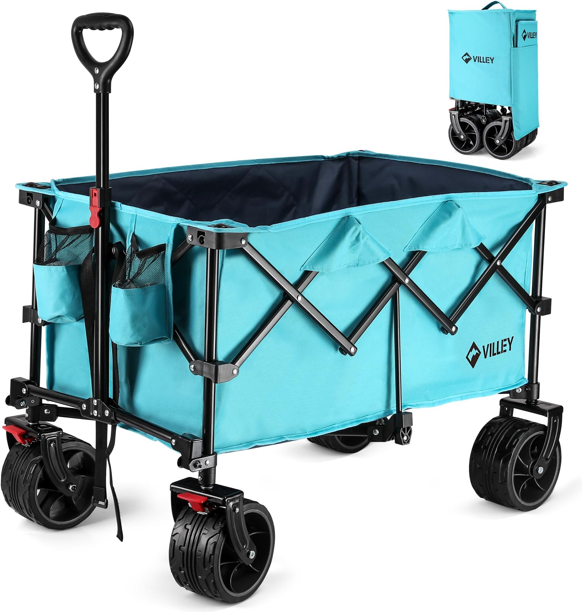 Collapsible Folding Wagon with Big Wheels, All Terrain Beach Wagon Cart Heavy Duty Foldable, Enlarged 102kg Capacity, Portable Utility Garden Cart with 2 Cup Holders and Brake, Blue