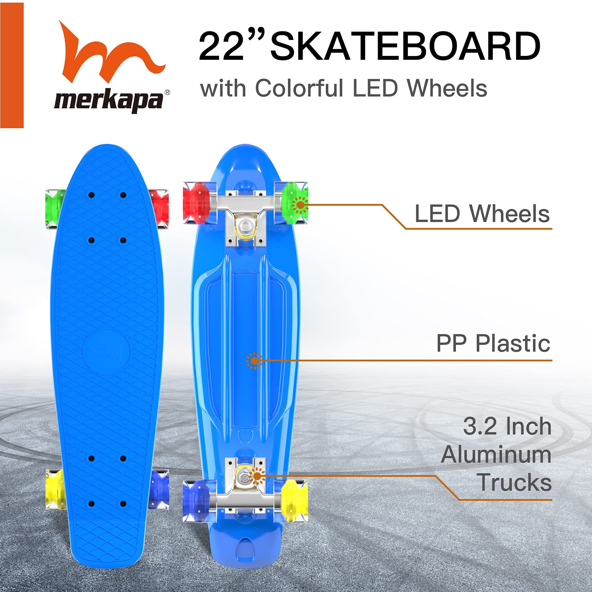 Merkapa 22" Complete Skateboard with Colorful LED Light Up Wheels for