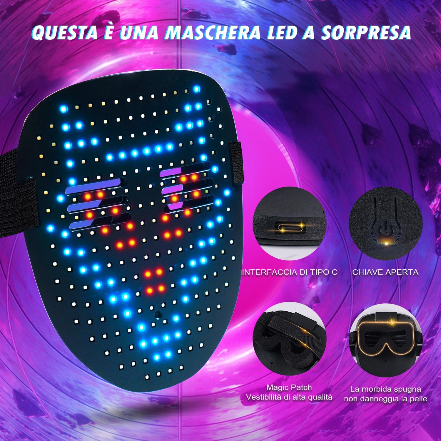 SPEWOM Maschera luminosa a LED con sensore di gesto, maschera luminosa digitale a LED per Halloween, feste in maschera, rave, dj