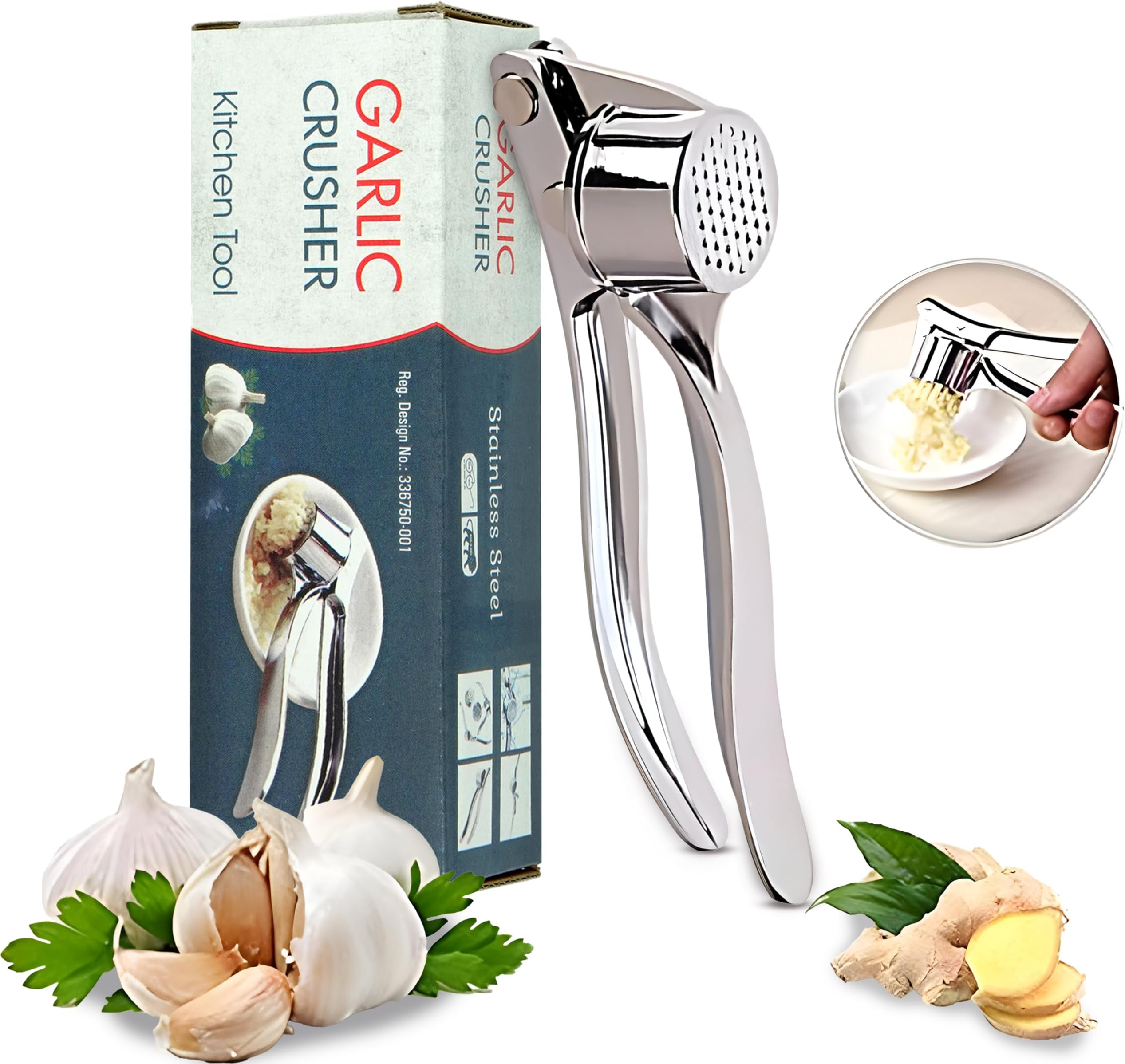 Storite Stainless Steel Multi-Functional Manual Garlic Crusher Presser Portable Ginger Mincer & Garlic Cutter Chopper and Hand Press Garlic Crusher for Kitchen Vegetable & Fruit Scraper (Silver)
