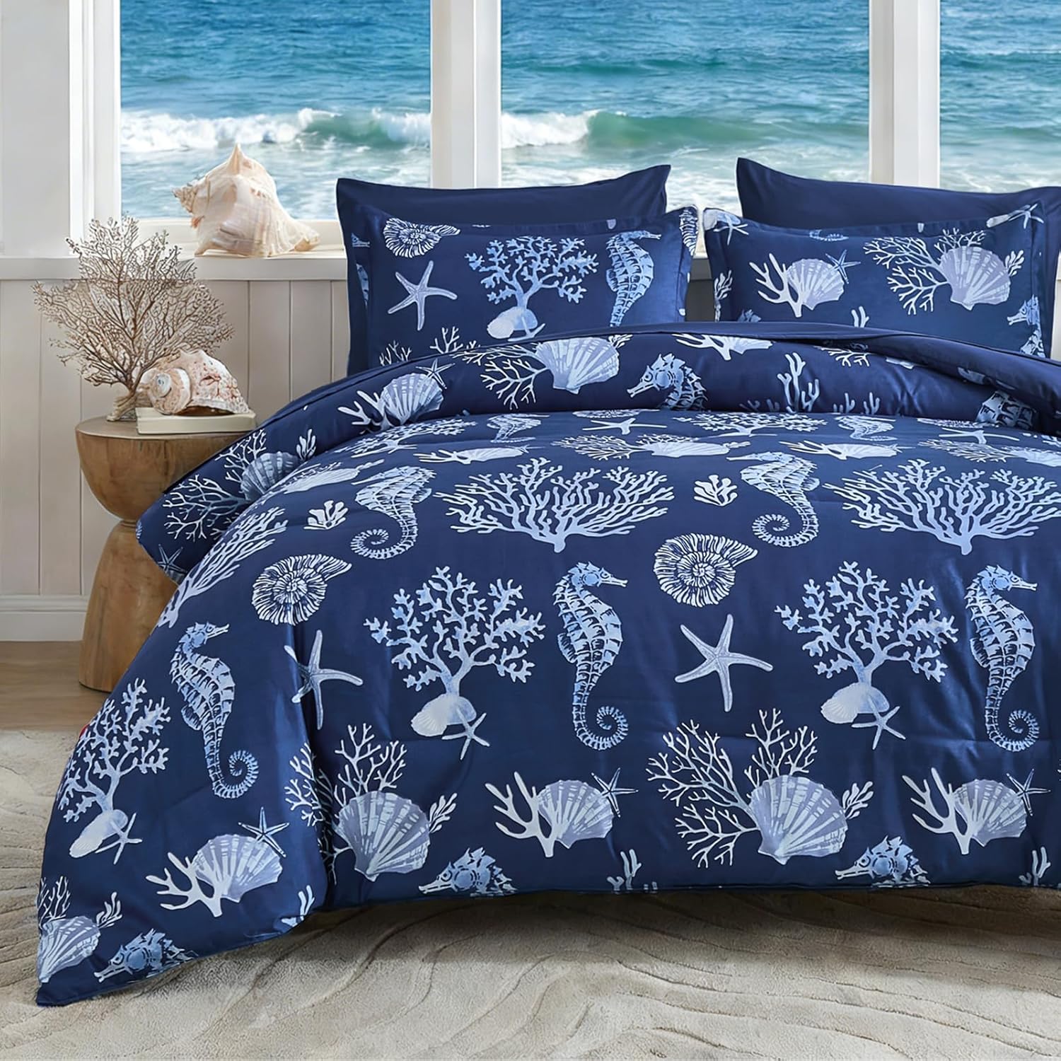 Anibedding Coastal King Size Comforter Set 7 Piece, Soft Beach Themed Comforter Ocean Nautical Navy Bedding Sets for All Season Coral Seahorse Lightweight Bed in a Bag 104''x90''