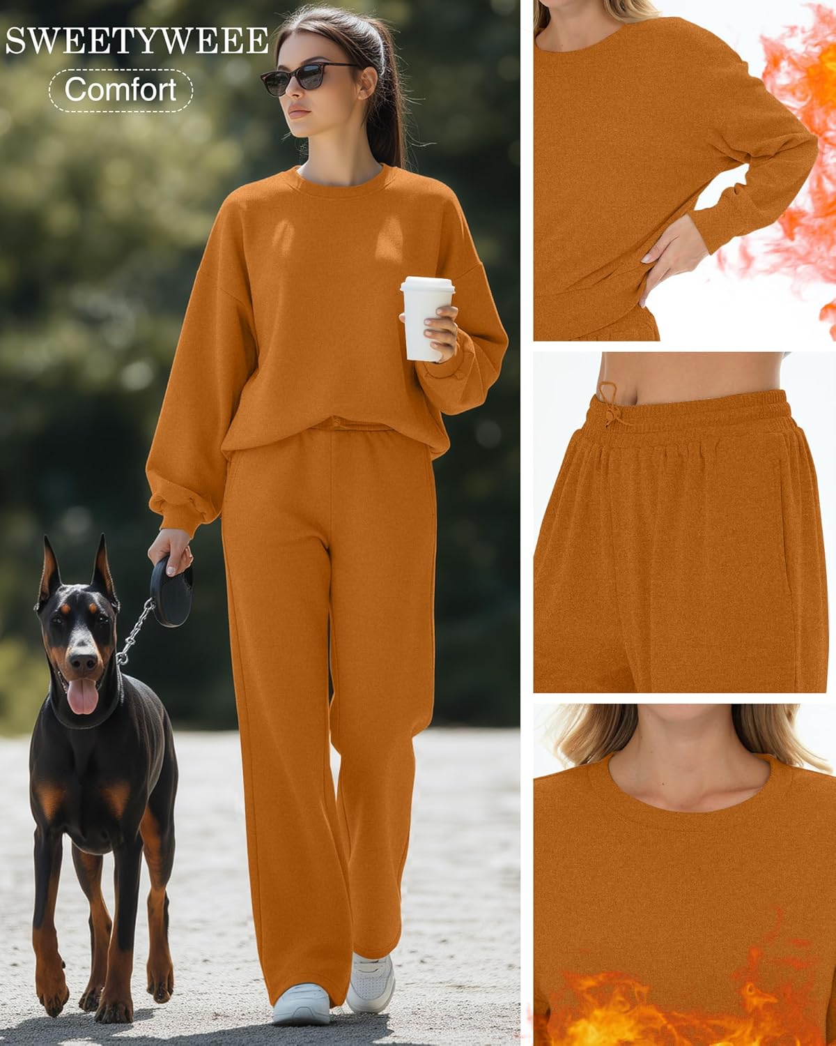 Women's 2 Piece Outfits Set Fleece Lined Lounge Sweatsuit Crewneck Pullover Top Wide Leg Pants Casual Tracksuit