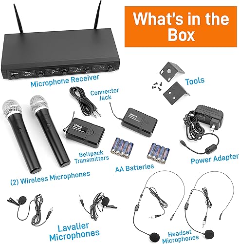 Miniatura 7 de Pyle Sistema de micrófono inalámbrico de 4 canales, juego de micrófono de audio UHF portátil con 2 de mano, 2 auriculares, 2 micrófonos Lavalier, 2