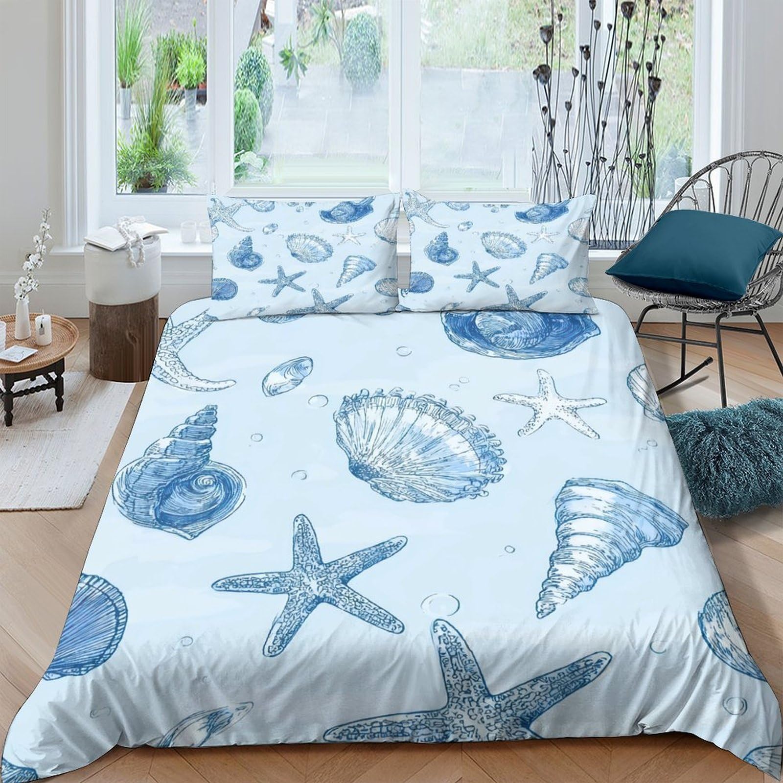 Ctjqhvkz Style-2 3D Printed Ocean Seashell Fitted Sheet Microfiber Soft Blue Starfish Mattress Cover Bedroom Dorm Decor Single（135X200cm）