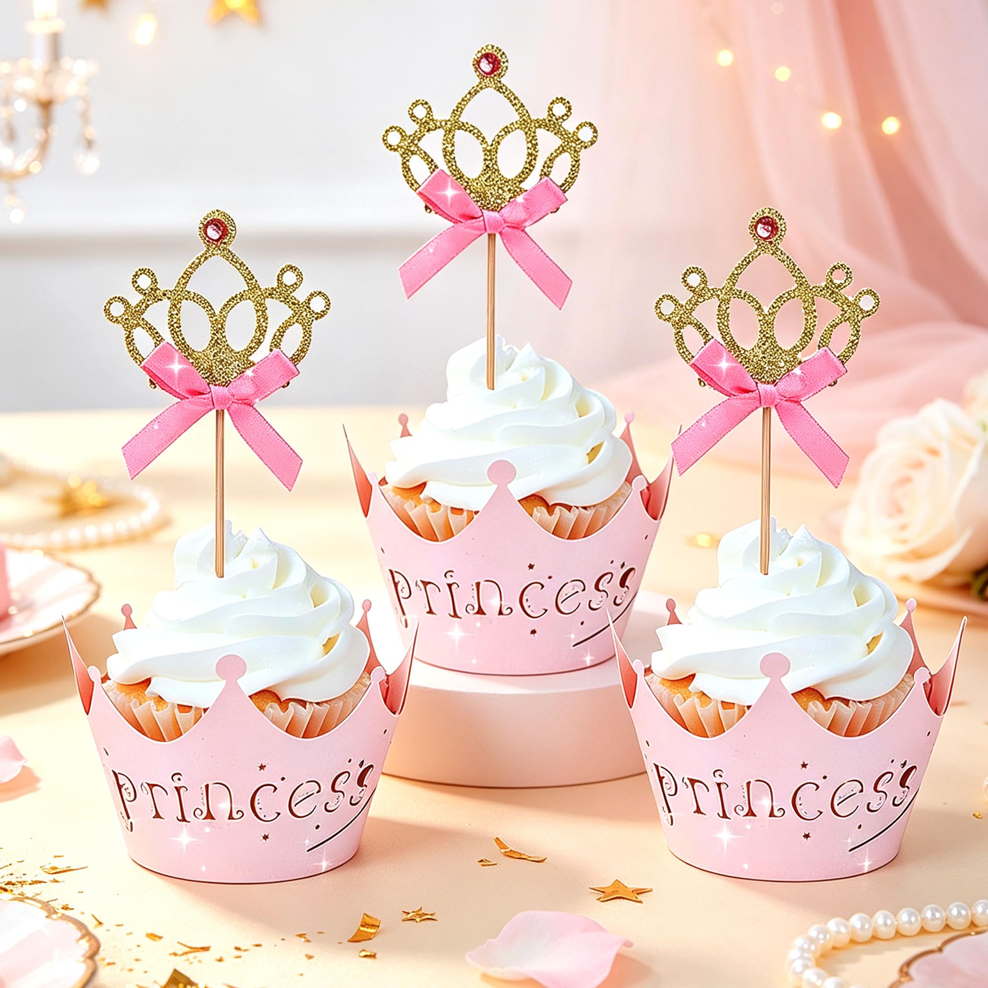 LaVenty 40 PCS Glittery Princess Crown Cupcake Toppers and Wrappers
