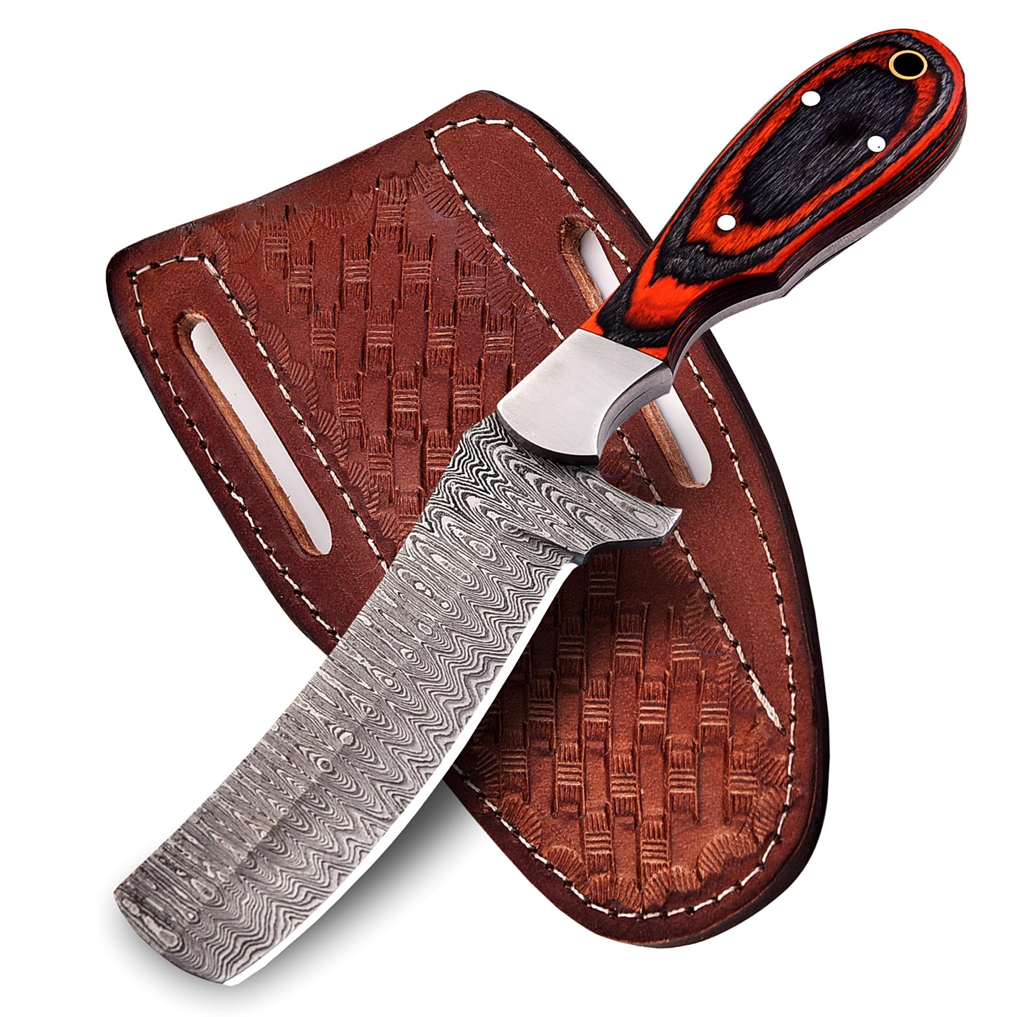Handmade Damascus Bull Cutter Knife with Sheath for Belt | Damascus Steel Hunting Fixed Blade Cowboy Hunting Knife | EDC Skinning Knife for Outdoor Camping