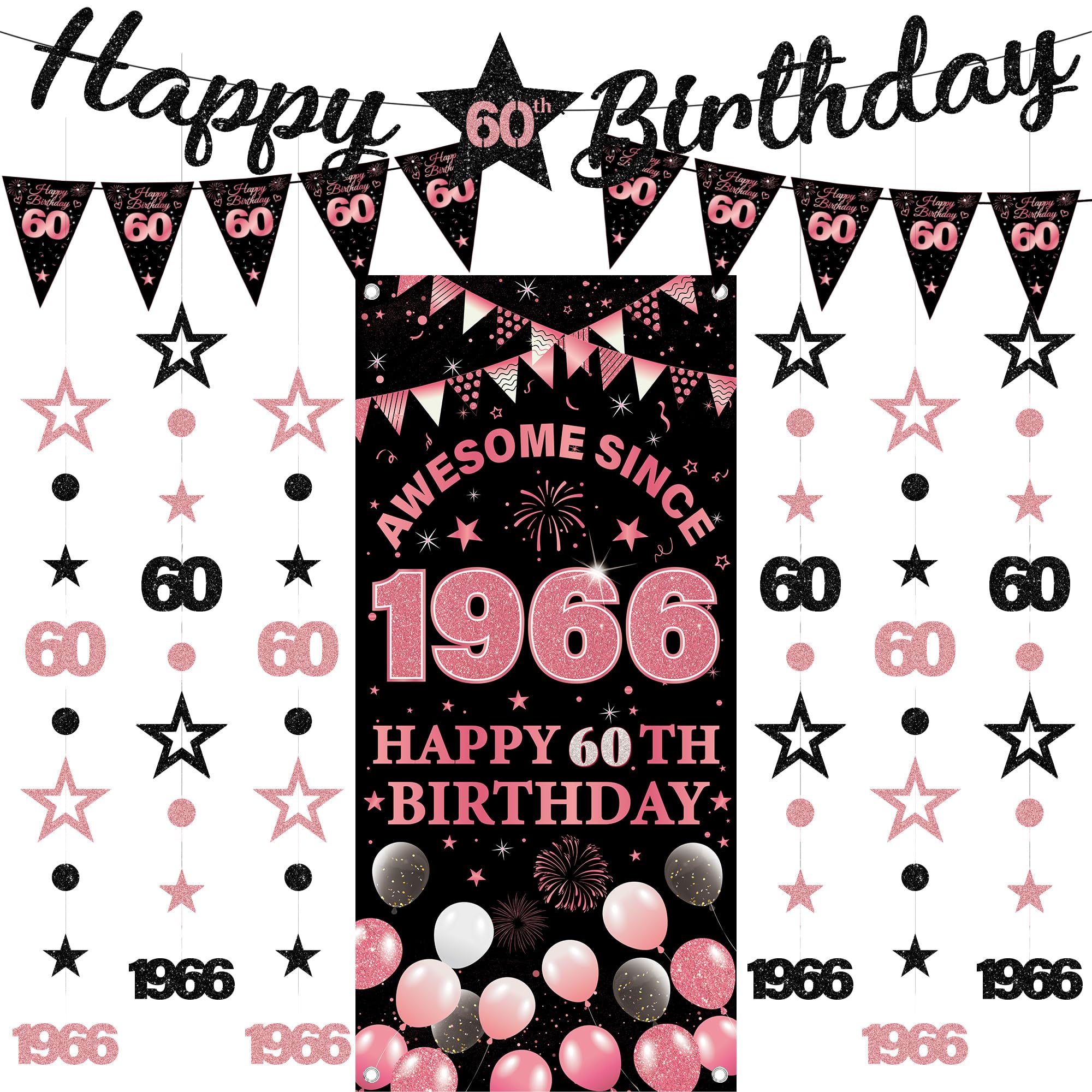 60th Birthday Decorations Women Banners - 9 Pcs Black Rose Gold Happy Birthday Banner Awesome Since 1966 Curtain Twinkle Star Dot Hanging Streamer Pennant for Her 60 Years Old Party Decor Supplies
