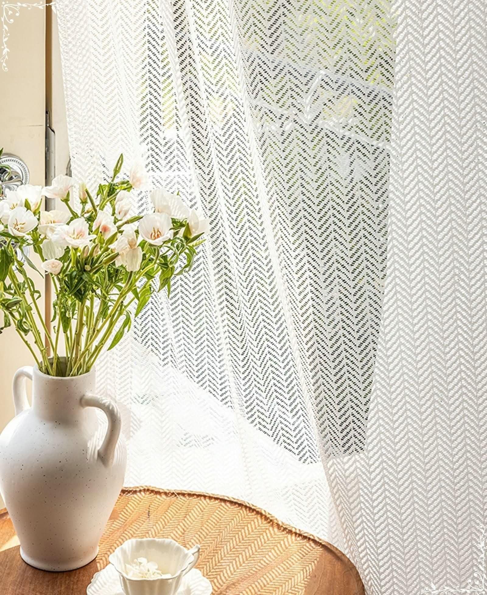 Przezroczyste zasłony woalowe 200 x 270, zestaw 2 białych koronek w jodełkę, z haczykiem, poliester
