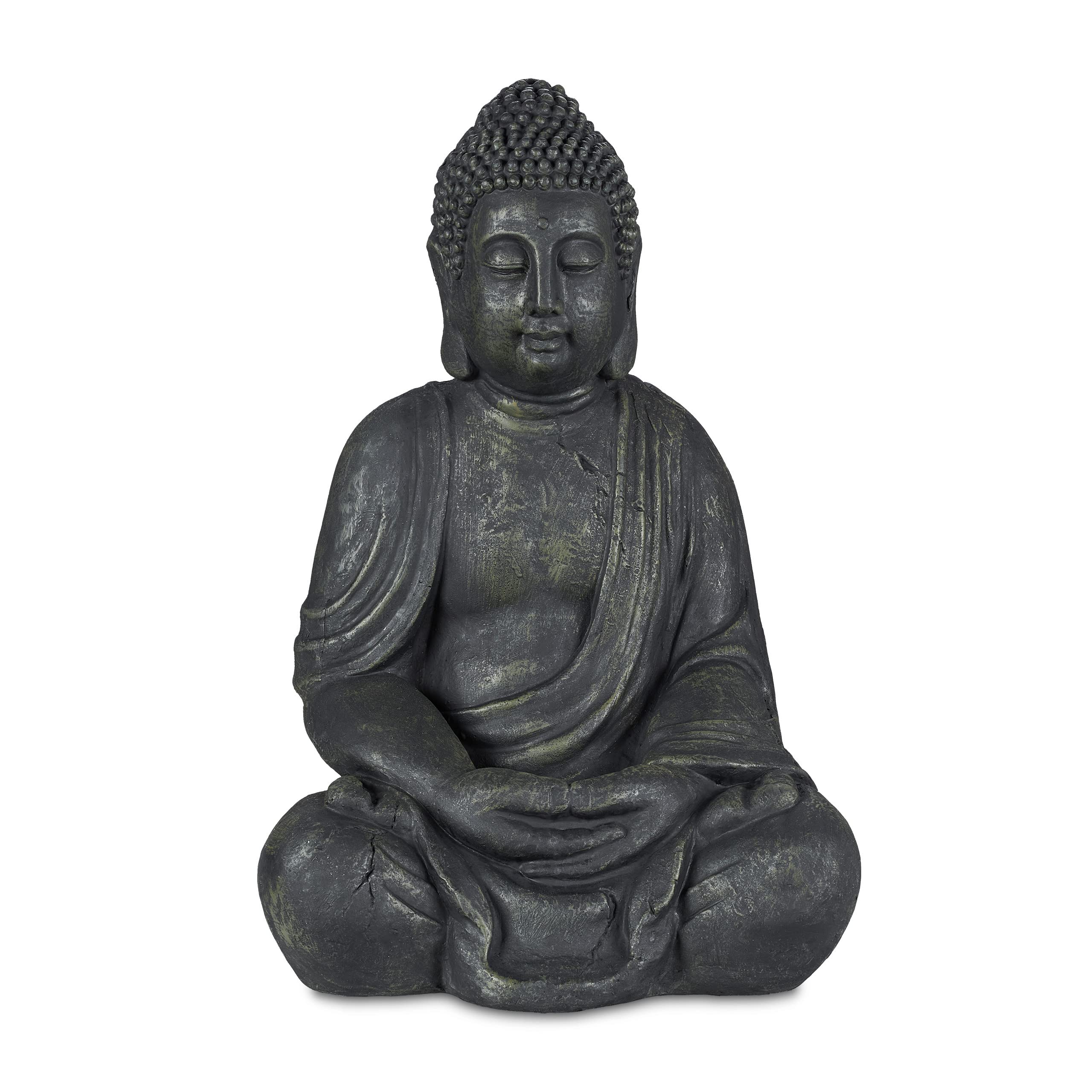 Relaxdays Figura Buda Sentado, XL 70 cm, Estatua Budista Vintage Decorativa, Resistente Intemperie y Heladas, Antracita
