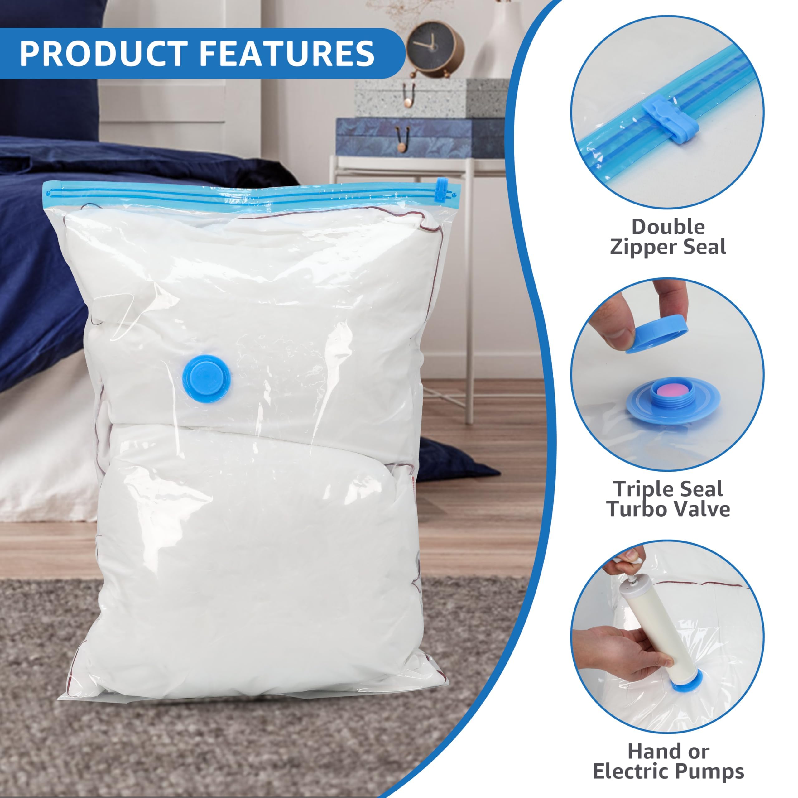 Paquete de 20 bolsas de sellado al vacío (4 gigantes/4 grandes/4 medianas/4 pequeñas/4 rollos M), bolsas de almacenamiento al vacío con bomba de mano, bolsas de ahorro de espacio para edredones,