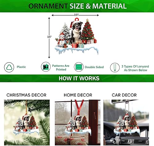 Miniatura 2 de Talataca Border Collie - Adorno de Navidad plano 2D, cajas de regalo Border Collie, decoración de árbol de pino, colgante de casa colgante para