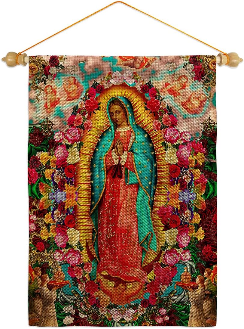 Our Lady of Guadalupe Garden Flag Set Wall Holder Religious Faith Hope Grace Peace Dove Christian Religion Easter Small Decorative Gift Yard House Banner Double-Sided Made In USA 13 X 18.5