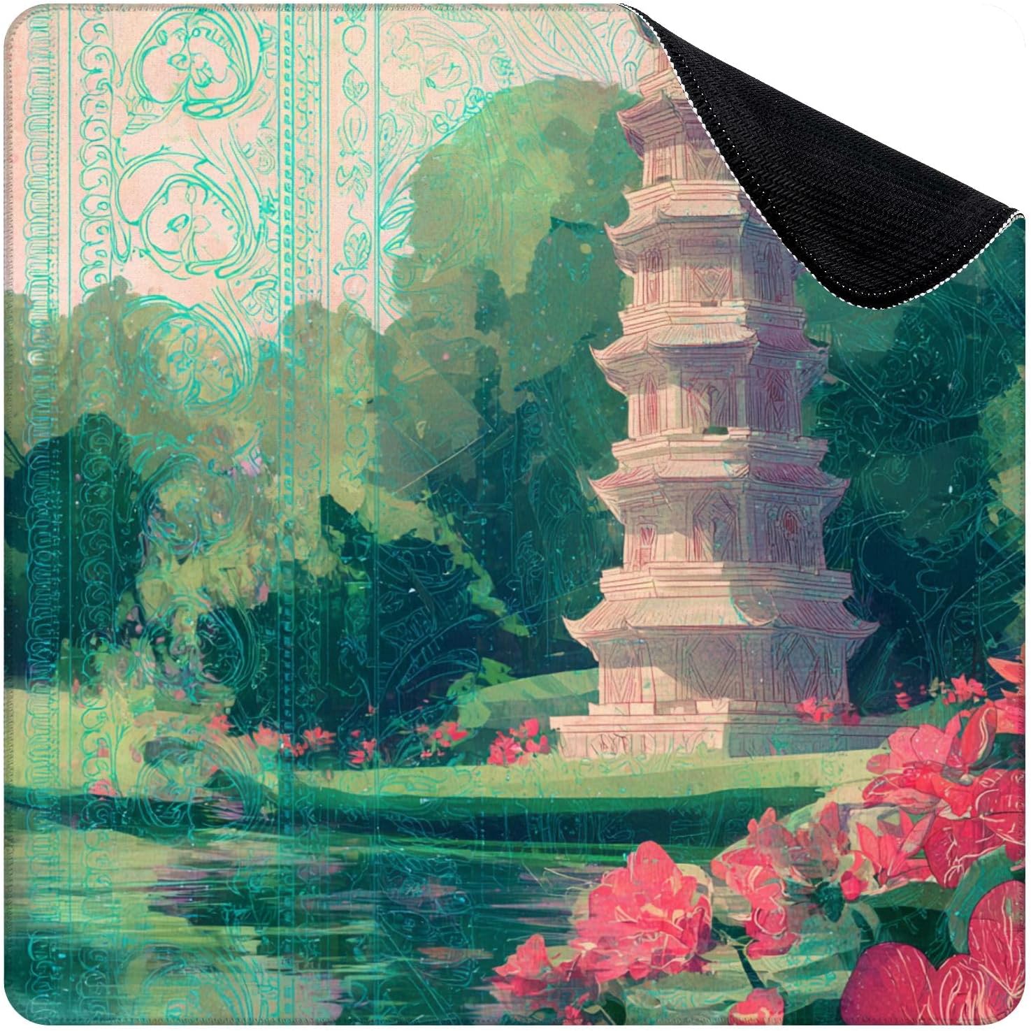 Mahjong Mat for Table Painting Pagoda Sunlight Filtering Blossoms 31.5" x 31.5" Non-Slip Noise-Reducing Game Mat Premium Mahjong Accessories for Poker Dominoes Hosting