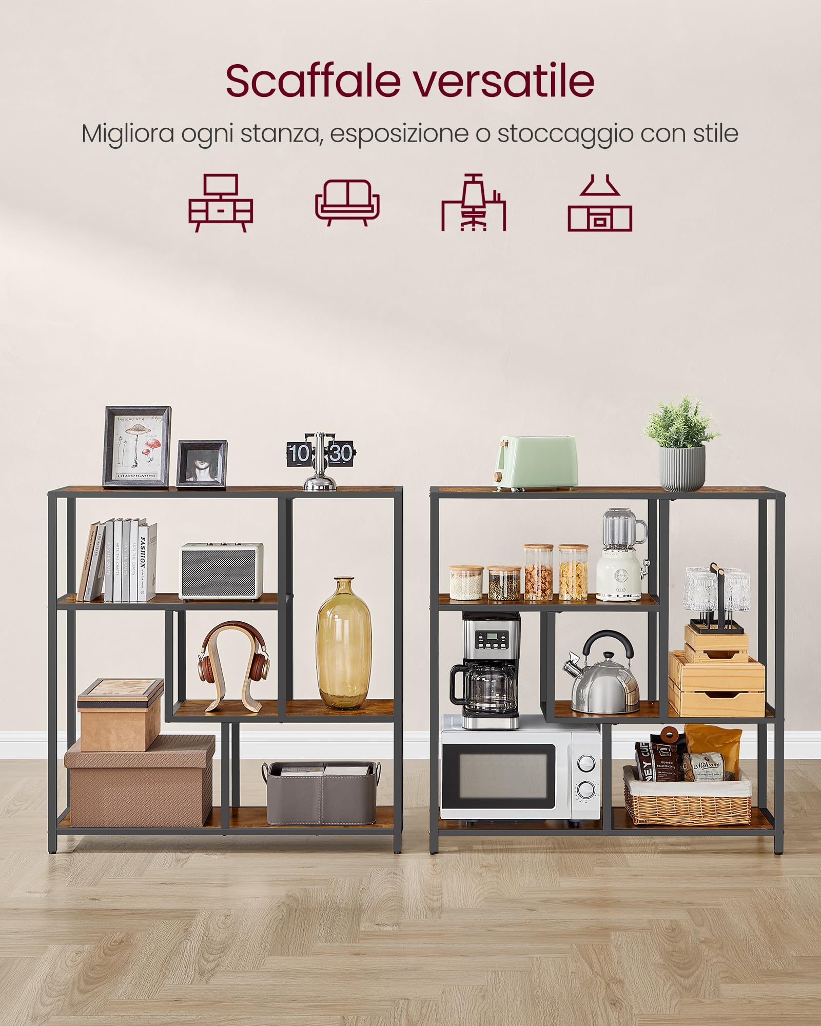 VASAGLE Libreria, Scaffale a 4 Ripiani, 30 x 100 x 103 cm, Scaffale Autoportante, per Soggiorno, Ufficio, Camera da Letto, Cucina, Marrone Vintage e Nero Inchiostro LLS134B01V1