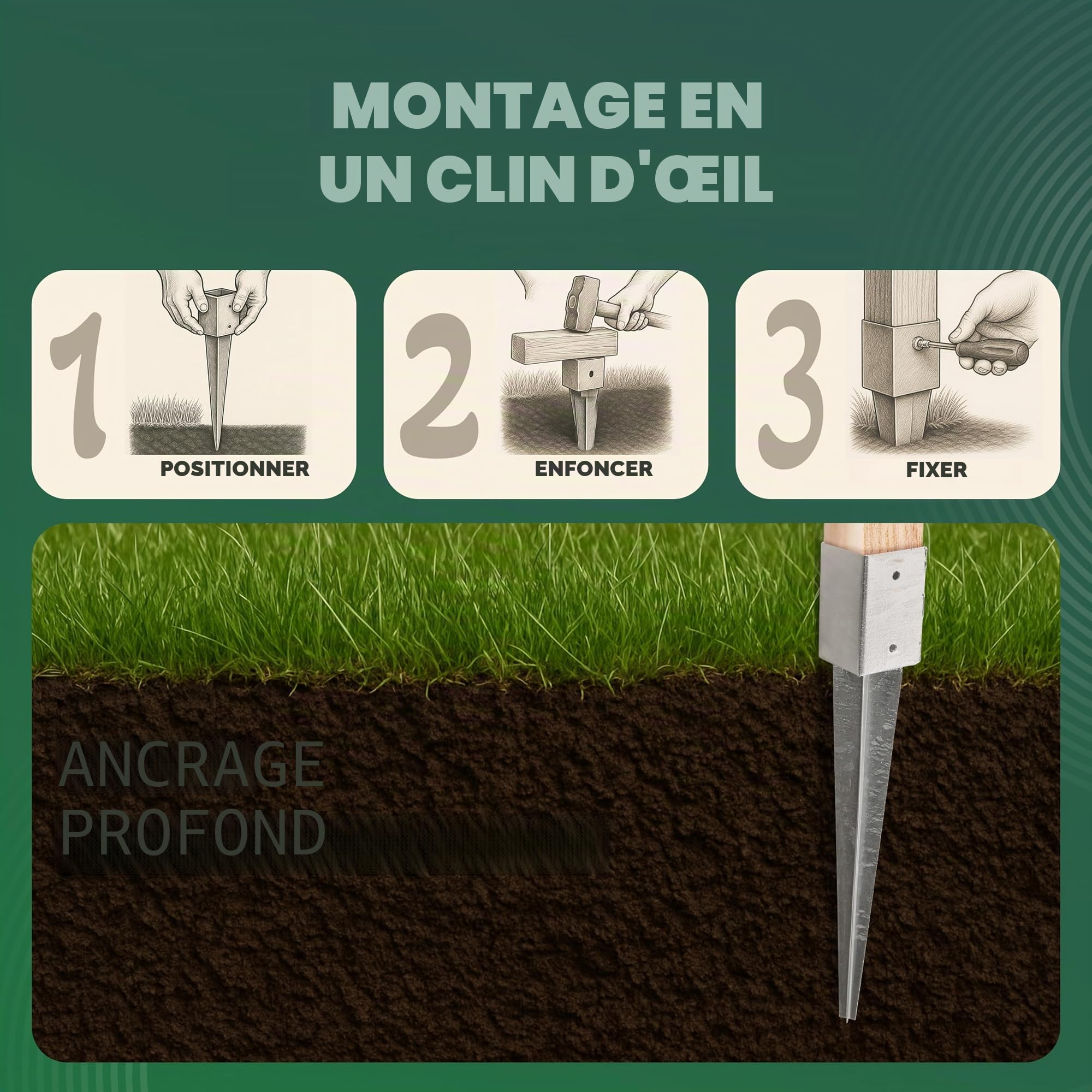 Novatool Lot de 6 douilles de sol à enfoncer 71 x 71 x 750 mm - Douille de sol - Support de poteau - Poteaux en bois - Douille à enfoncer - Piquet à enfoncer - Galvanisé - Avec vis