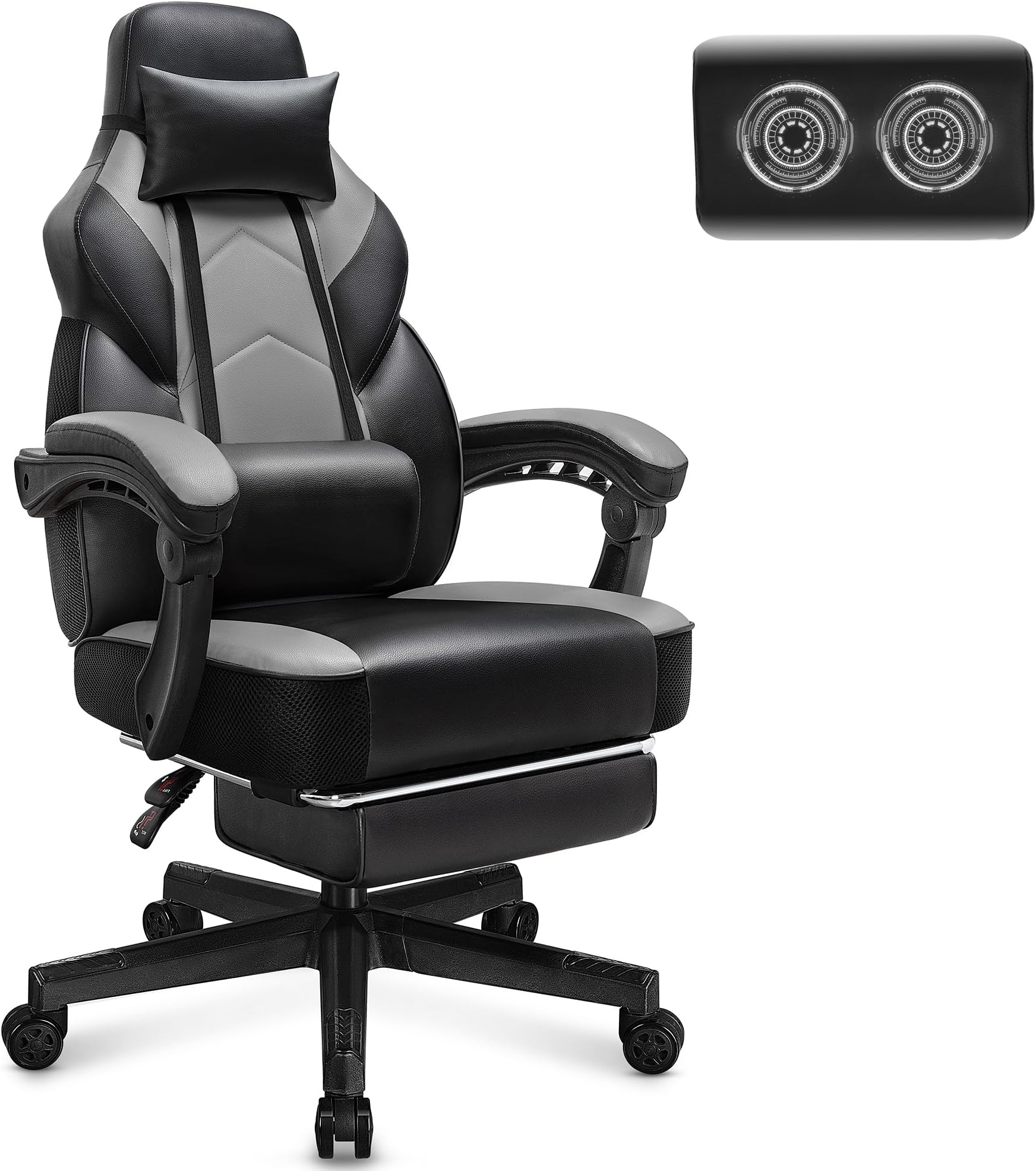 Meilocar Gaming Chair for Adult, Computer Chair with Footrest Video Game Chair Big and Tall Gaming Chair with Massage Lumbar Support, Adjustable Height and 360° Swivel Seat(Grey)