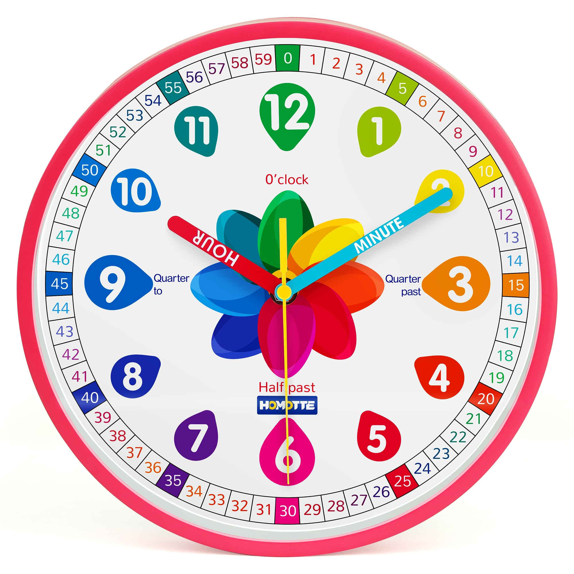 Homotte Analog Learning Clock for Kids, 10 Inch Telling Time Pink Wall Children's Silent Non-Ticking Teach Educational Clock for Bedroom, Classroom Girls Home Decor