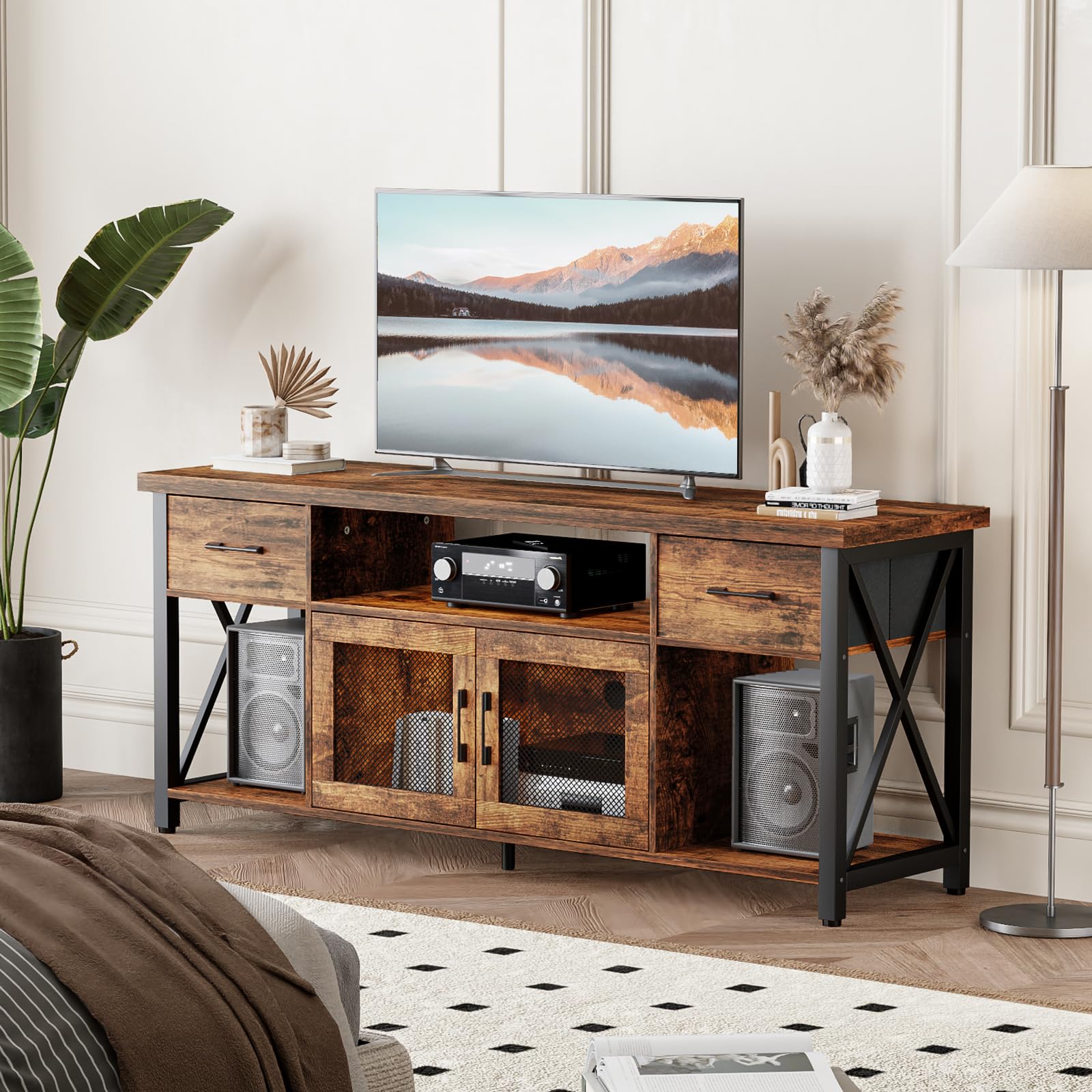 Mobile TV, Mobile Porta TV in Stile Industriale, Mobiletto TV in Legno da 140 cm Con due Mobili, per TV da 45/50/55 Pollici, per Soggiorno, Sala da Pranzo e Camera da Letto