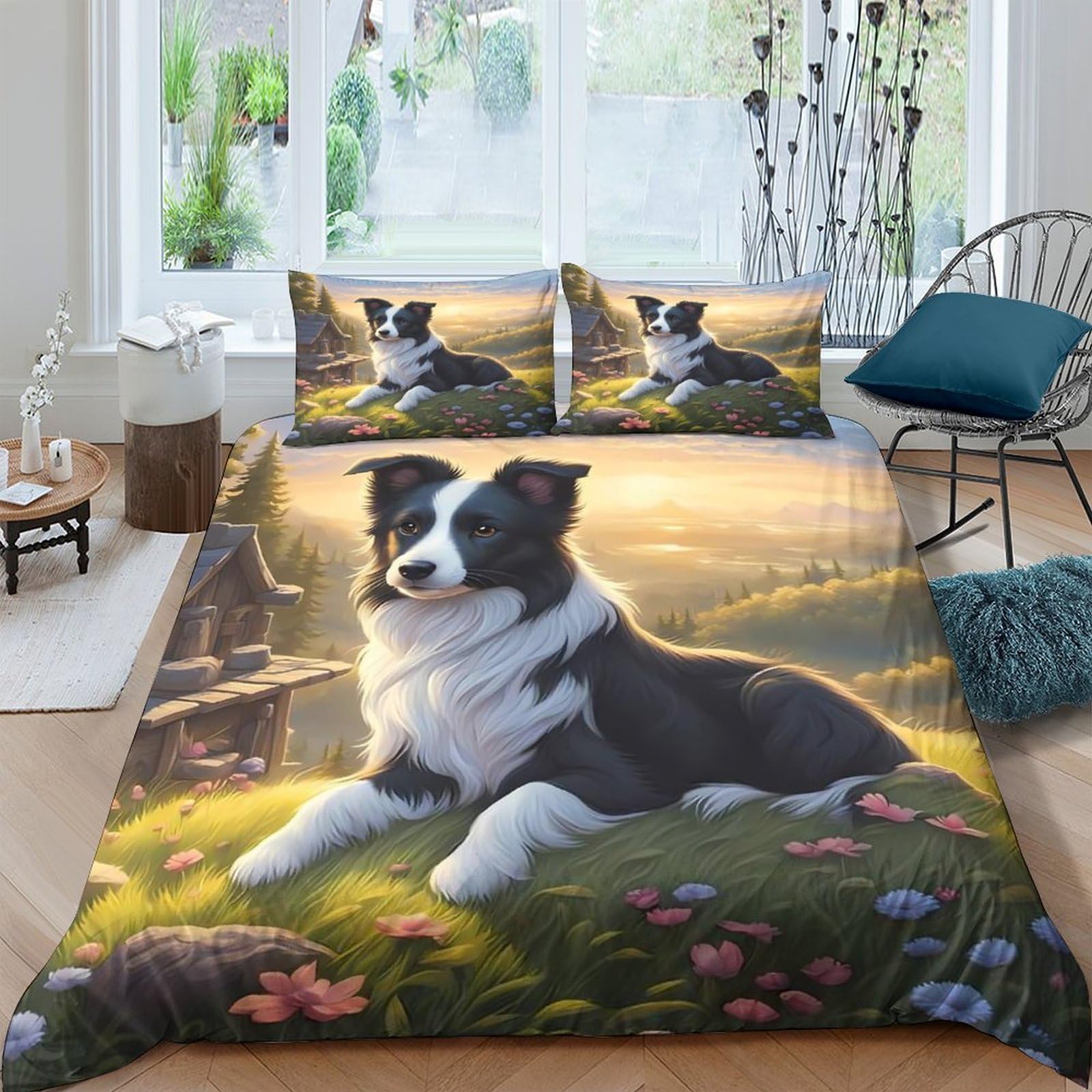 Ctjqhvkz Style-7 3D Printed Border Collie Fitted Sheet Microfiber Soft Animal Meadow Bed Cover For Bedroom Guest Room Decor Single（135X200cm）
