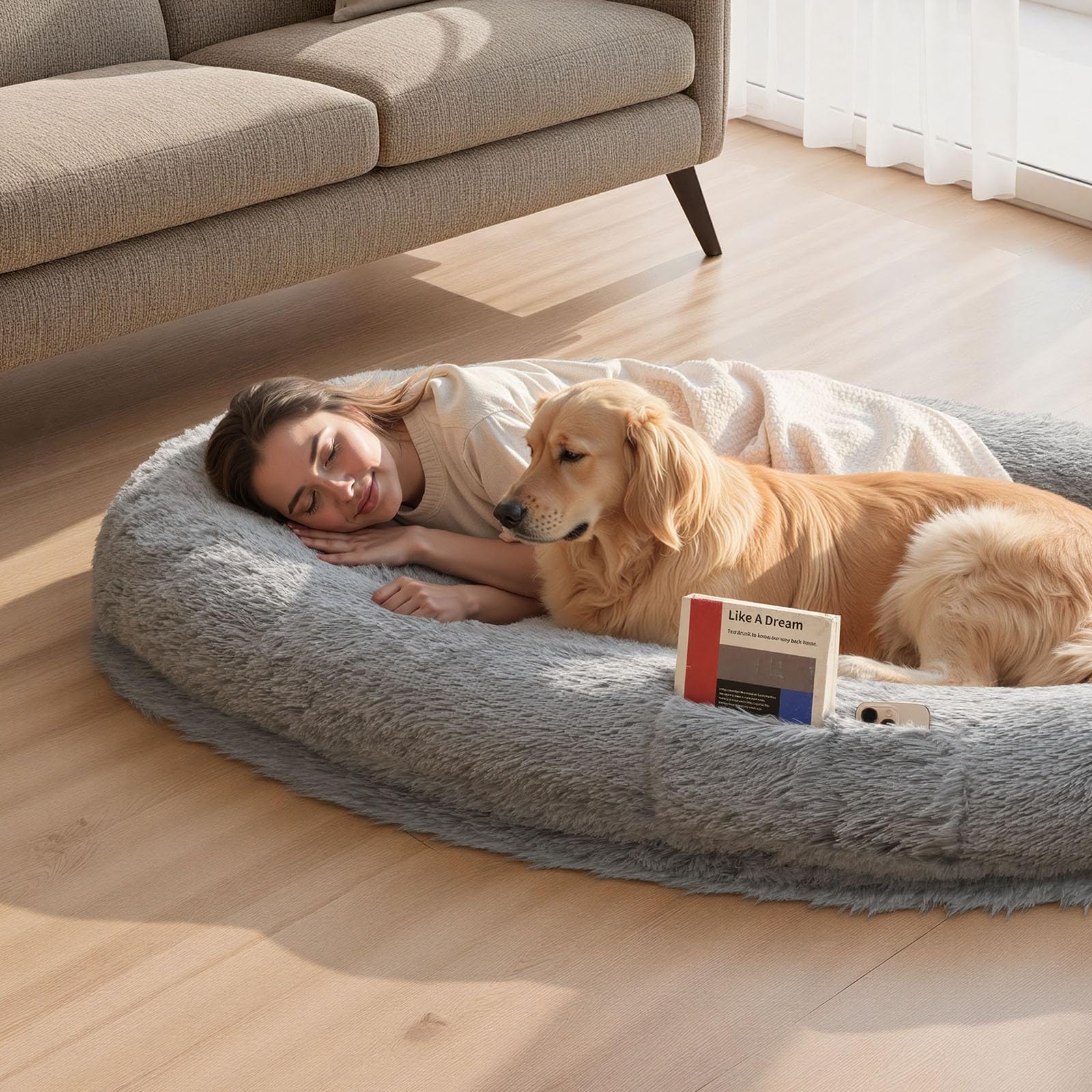 VEVOR Cama Acogedora para Perros, Diseño Ovalado, 174 x 118 x 24 cm, Espuma Viscoelástica, Tamaño Humano, con Bolsillo Lateral, Asa y Cremallera, Funda Extraíble y Lavable a Máquina, Gris Oscuro
