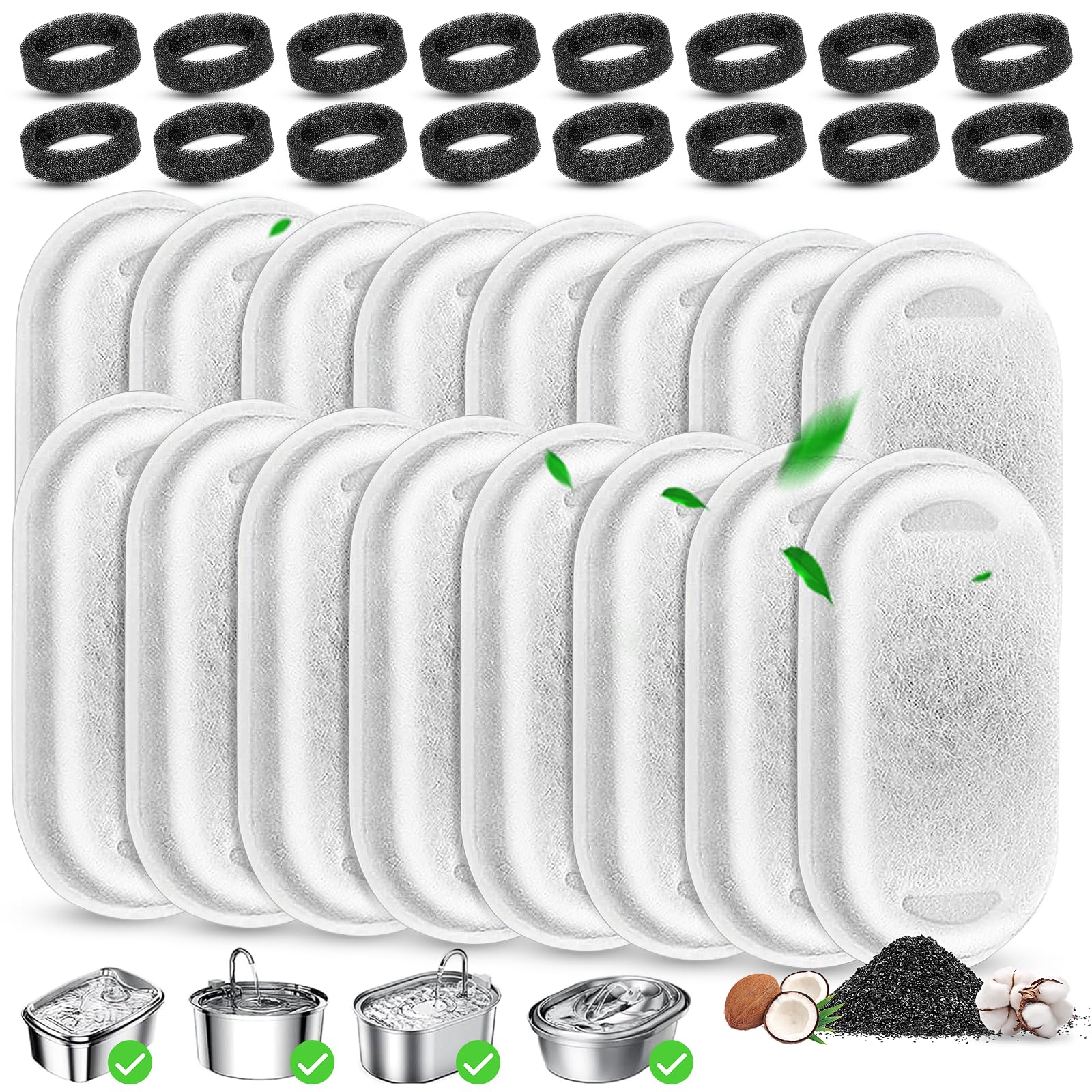 Cat Water Fountain Filters Replacement, 16 Pcs Pet Water Fountain Filter with 16 Pcs Foam Sponges for 67oz/2L & 108oz/3.2L Stainless Steel Pet Cat