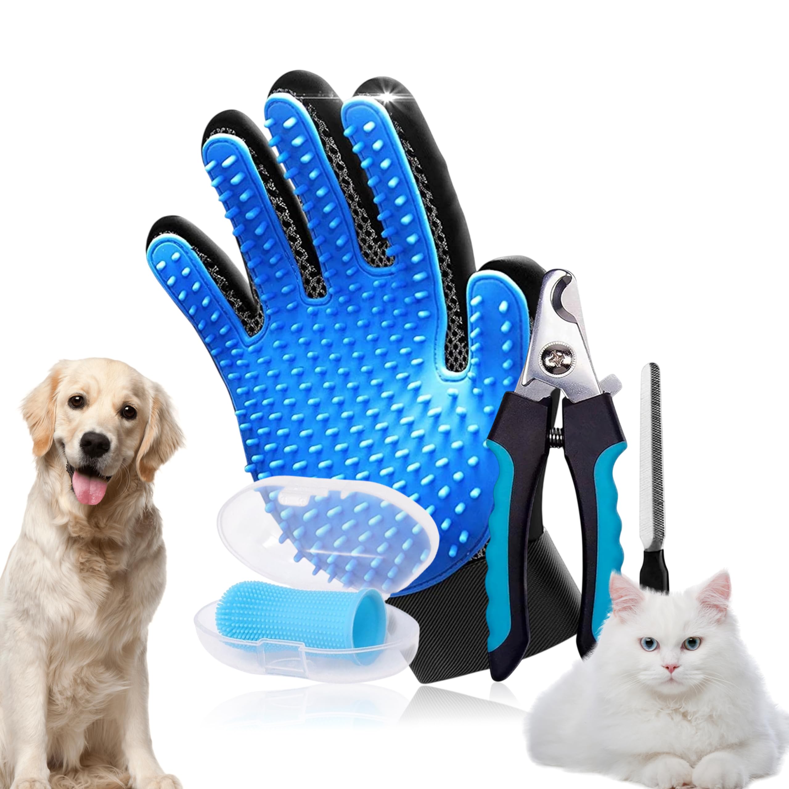 ASTRA VENA 4-in-1 Pet Grooming Kit – Pet Deshedding Glove, 360° Silicone Finger Toothbrush, and Professional Dog Nail Clippers with File