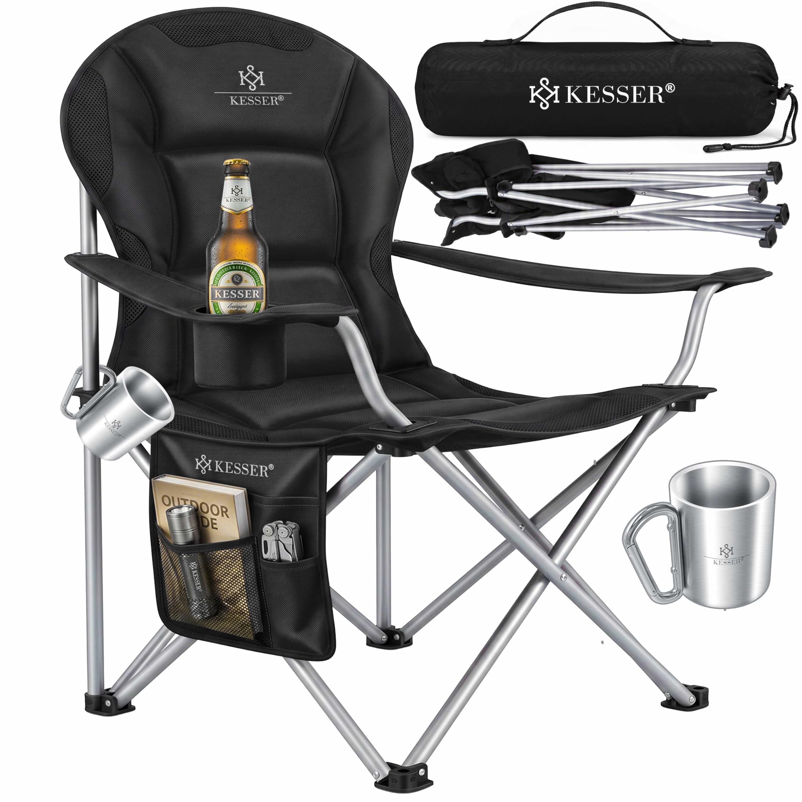 KESSER Sedia da campeggio pieghevole fino a 150 kg, sedia pieghevole imbottita con braccioli, schienale alto, sedia da spiaggia, sgabello pieghevole con luce da campeggio, porta bevande, borsa e tazza