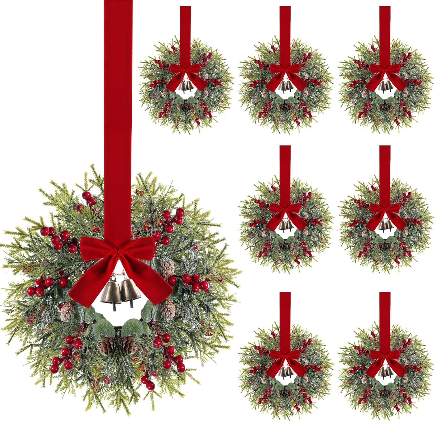 8PCS Christmas Kitchen Cabinet Wreaths with Ribbon 13'' Small Christmas Wreath Decorations with Bells Farmhouse Decoration Artificial Hanging Garlands for Front Door Window Wall