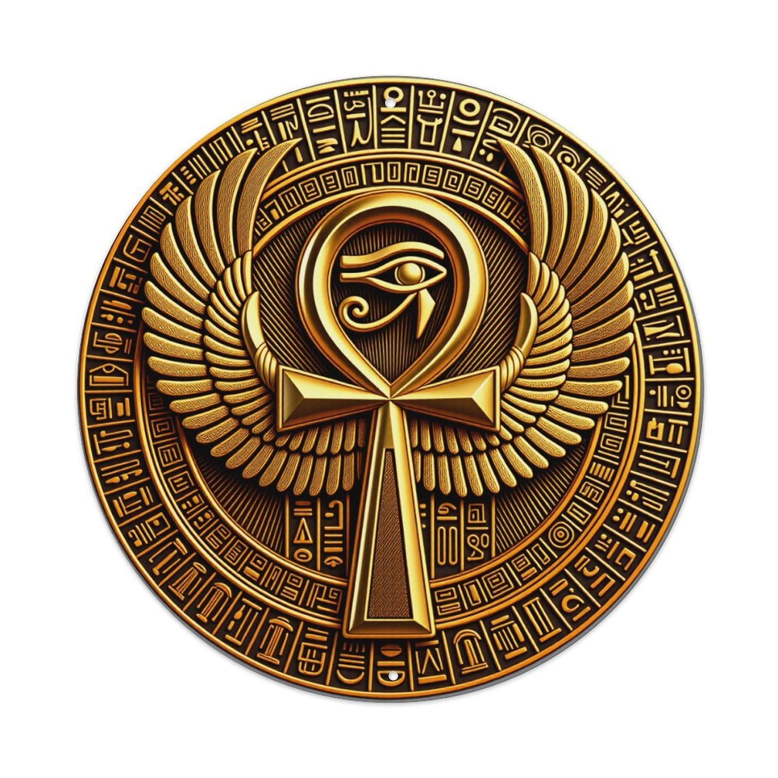 Golden Egyptian Ankh Eye Wings Round Tin Sign Vintage Style Metal Sign Home Bar Garden Wall Plaque Decor Metal Poster 8x8 Inch